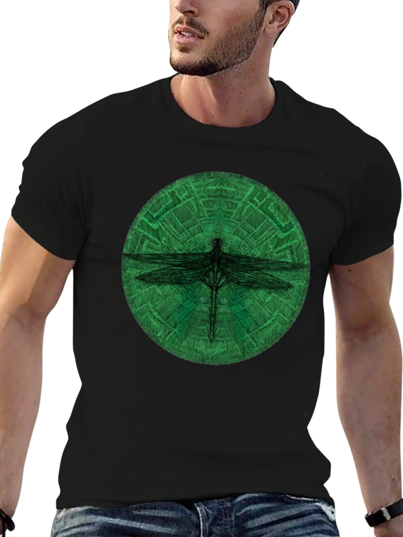 Dragonfly Green Circle Black T-Shirt