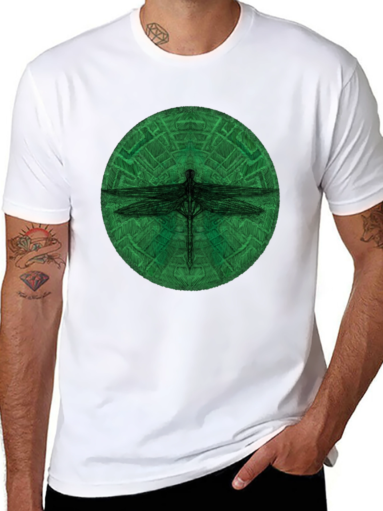 Dragonfly Green Circle Black T-Shirt