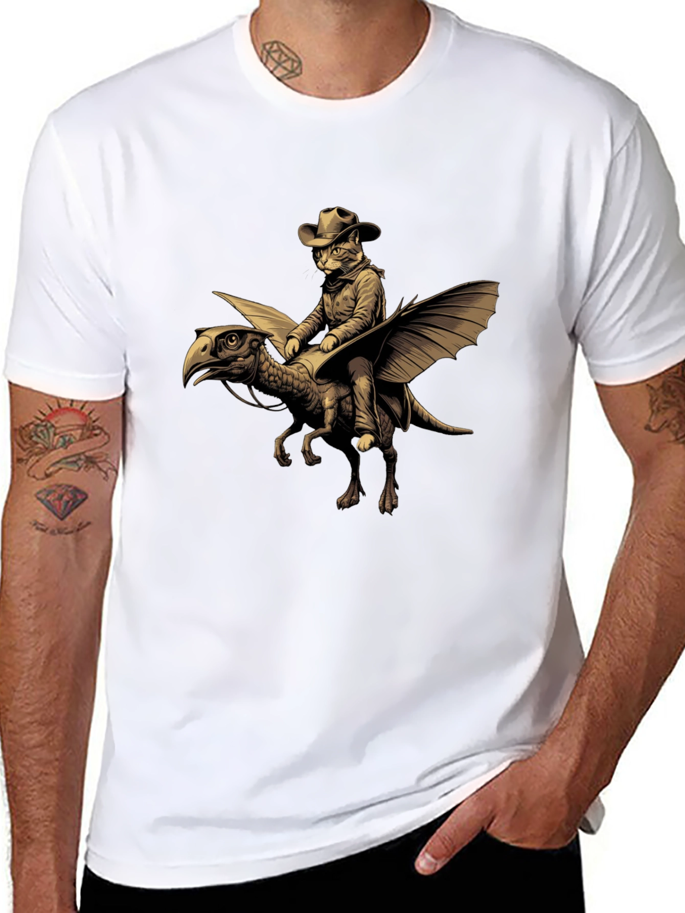 Cat Cowboy Riding Dinosaur T-Shirt