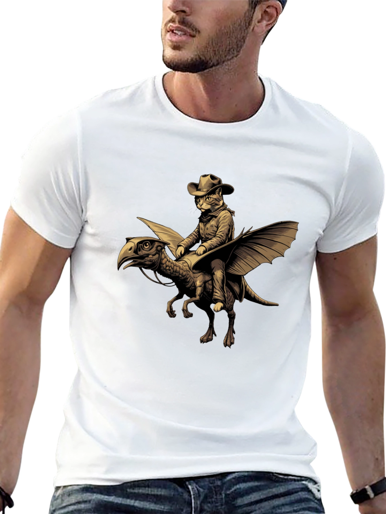 Cat Cowboy Riding Dinosaur T-Shirt