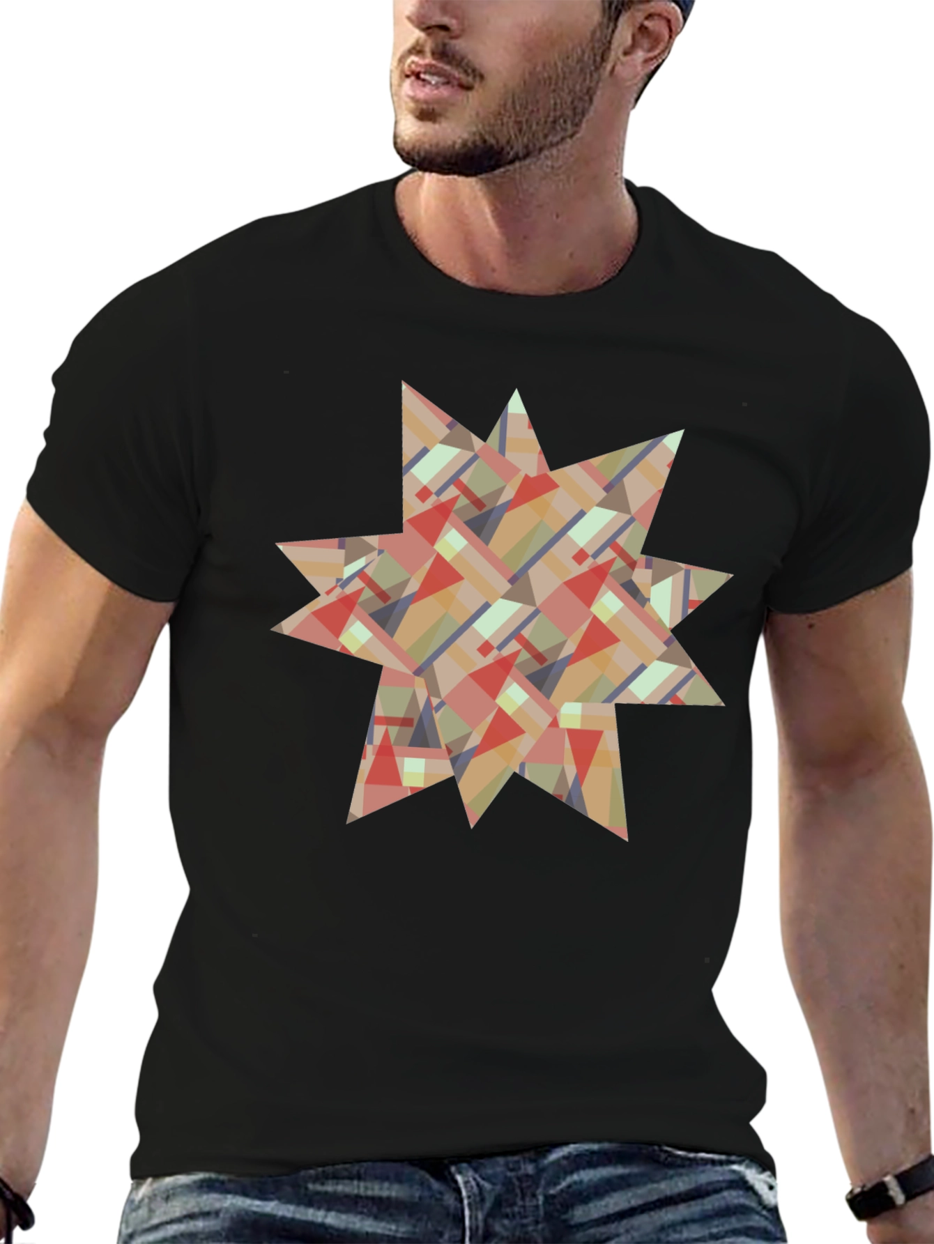 Abstract Geometric Star Design Black T-Shirt
