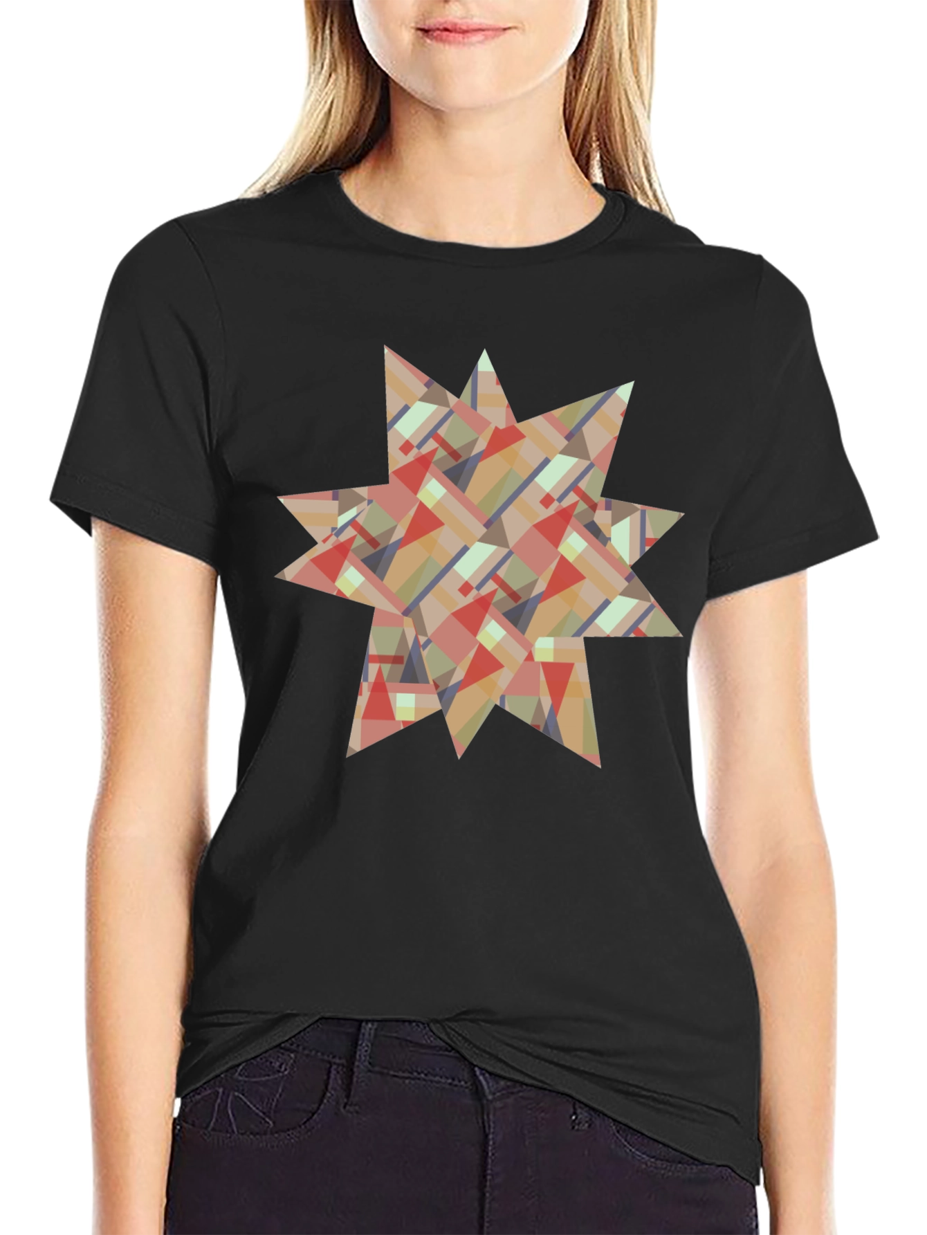 Abstract Geometric Star Design Black T-Shirt