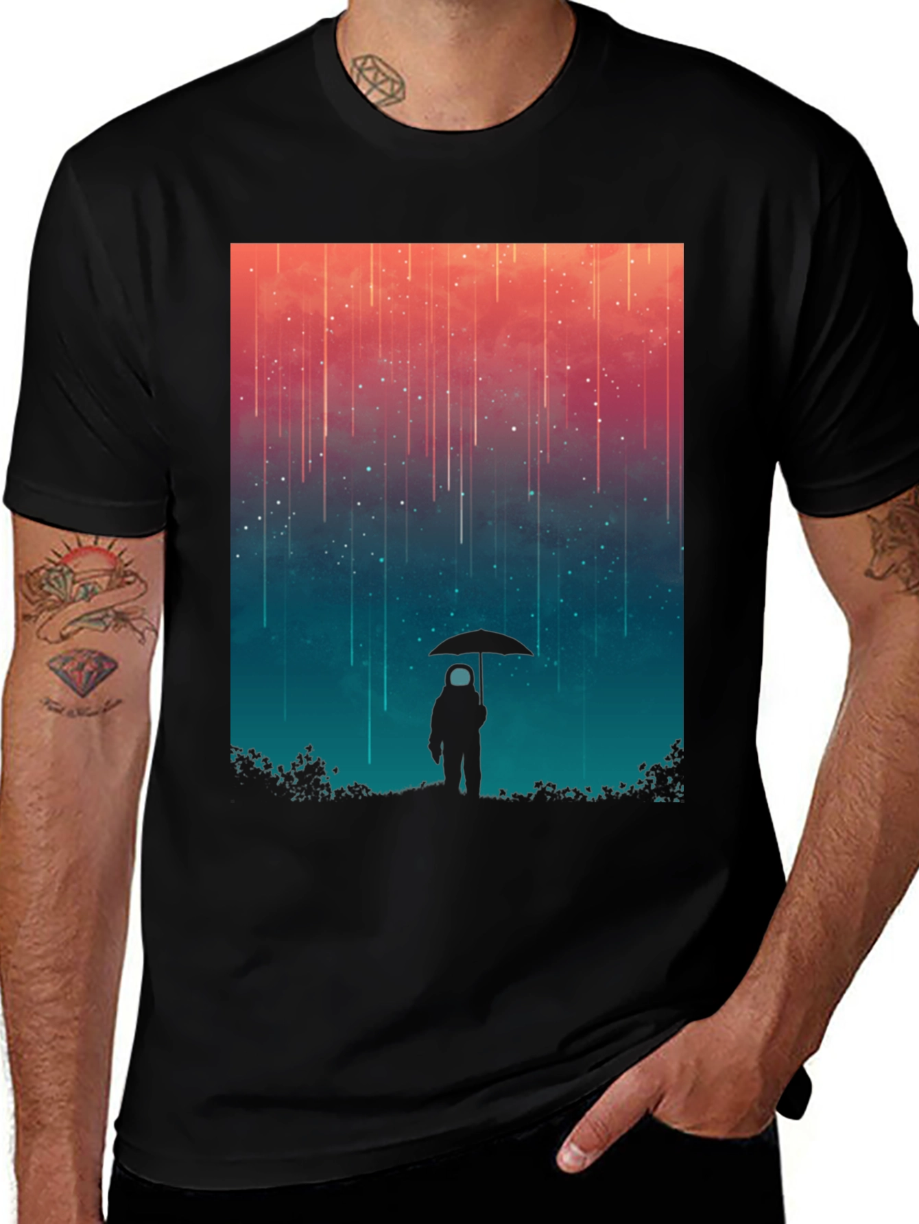 Astronaut Umbrella Graphic Tee - Stylish Black Cotton Shirt