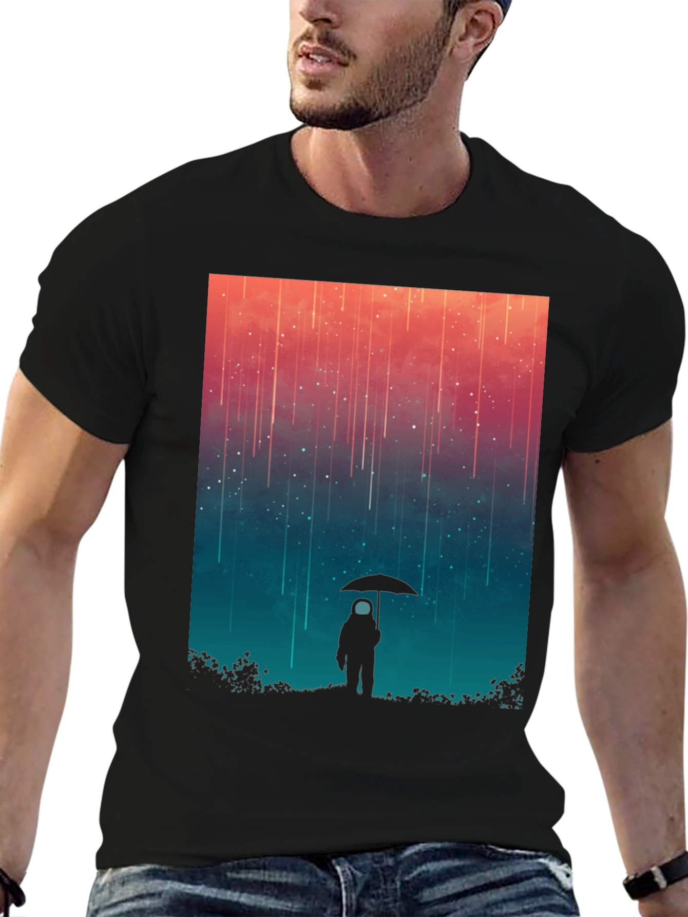 Astronaut Umbrella Graphic Tee - Stylish Black Cotton Shirt