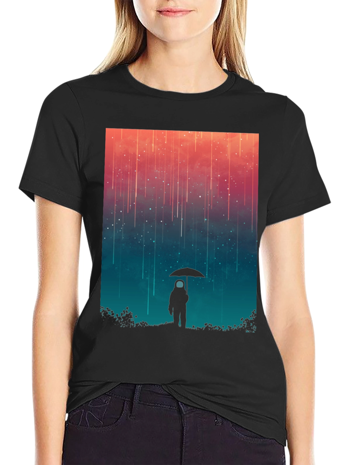 Astronaut Umbrella Graphic Tee - Stylish Black Cotton Shirt