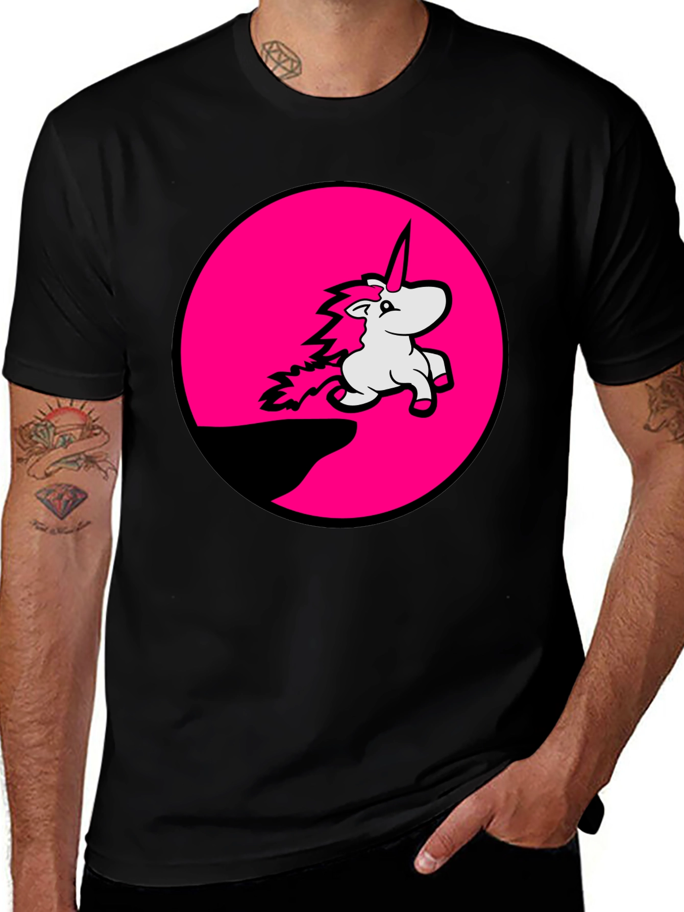 Unicorn Pink Circle Graphic Black T-Shirt
