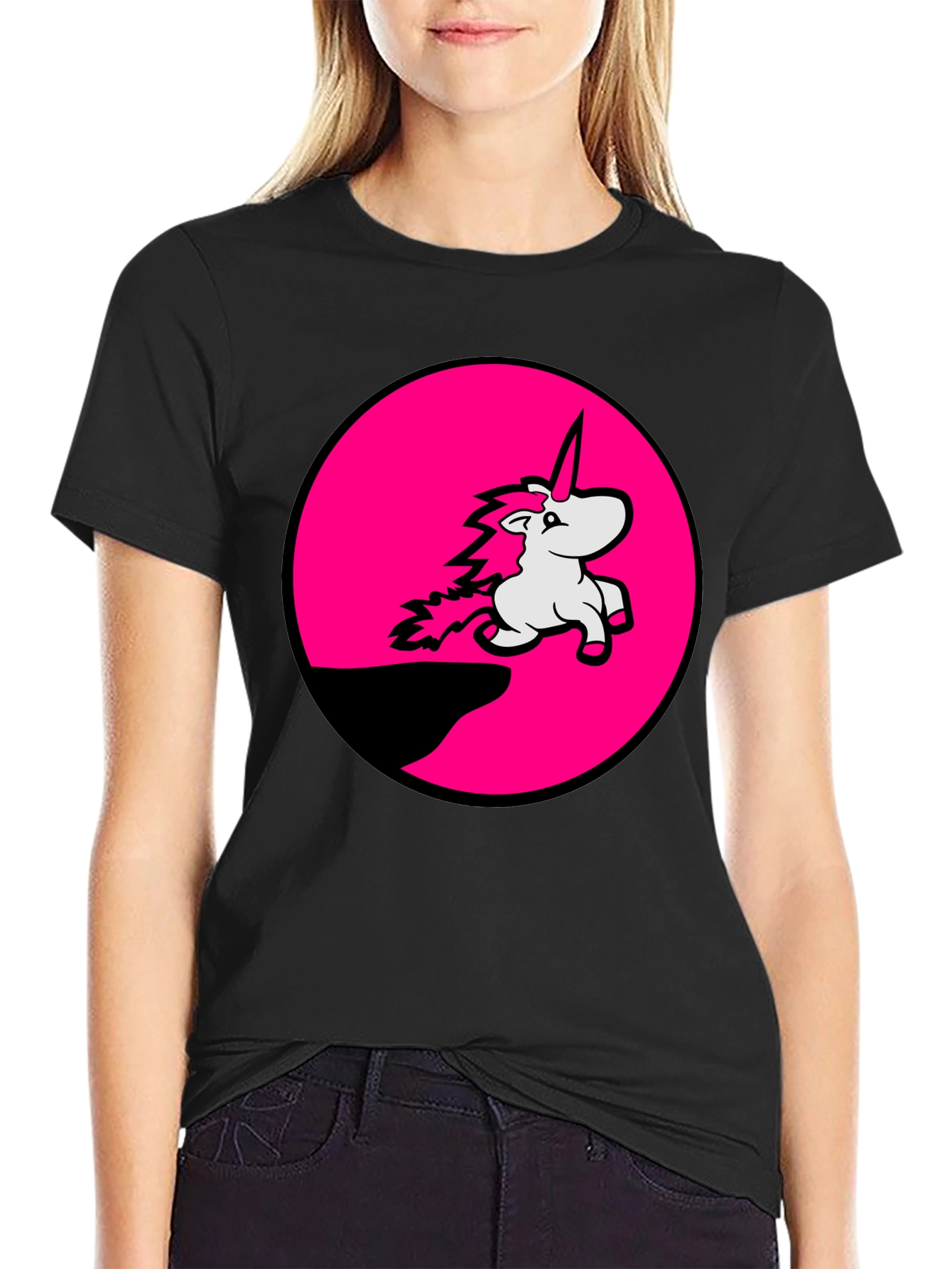 Unicorn Pink Circle Graphic Black T-Shirt