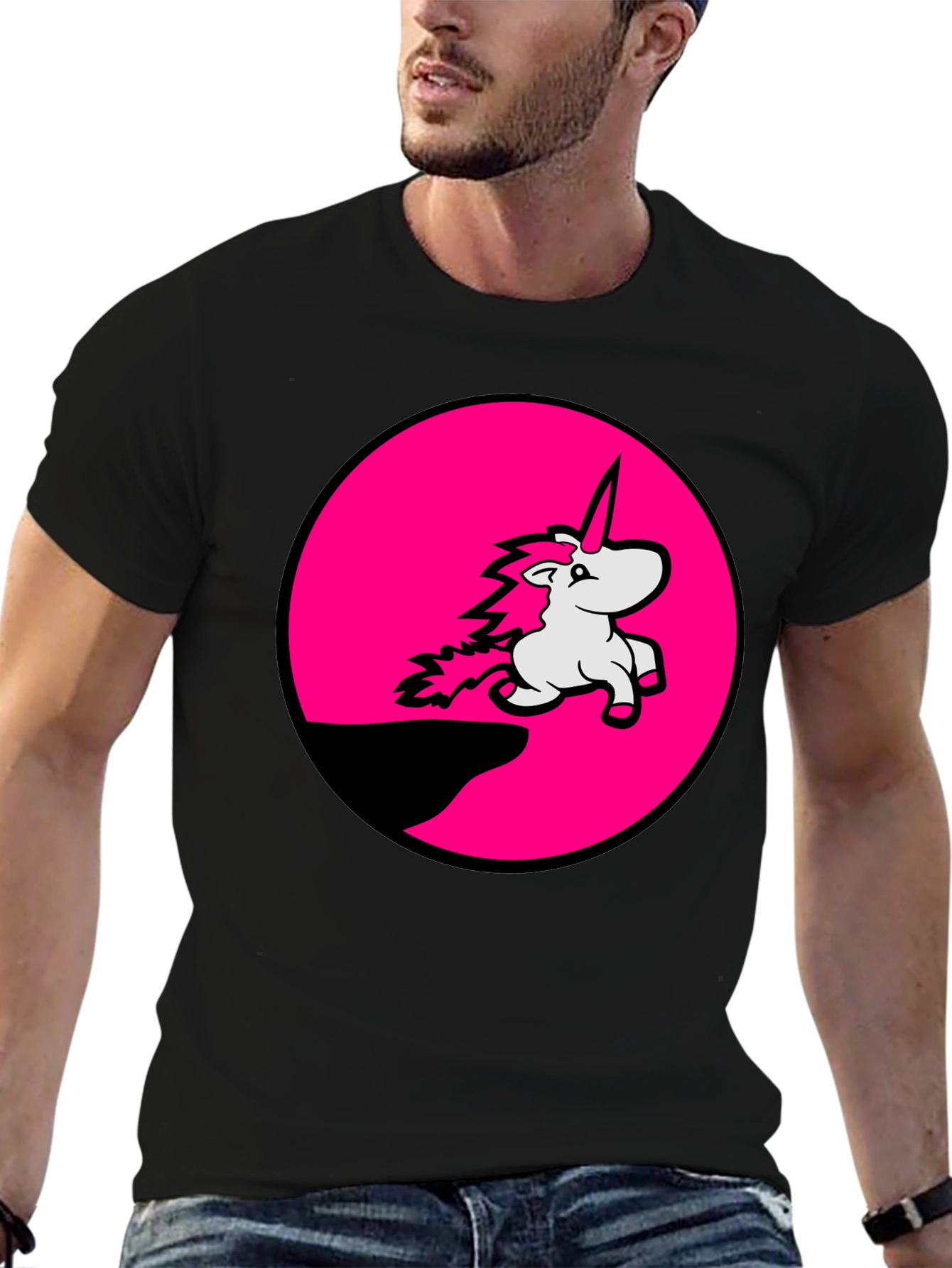 Unicorn Pink Circle Graphic Black T-Shirt