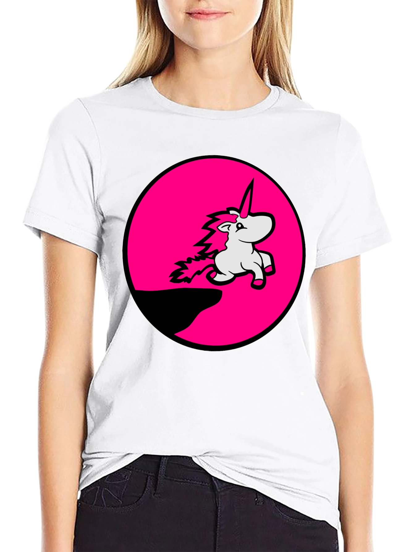 Unicorn Pink Circle Graphic Black T-Shirt