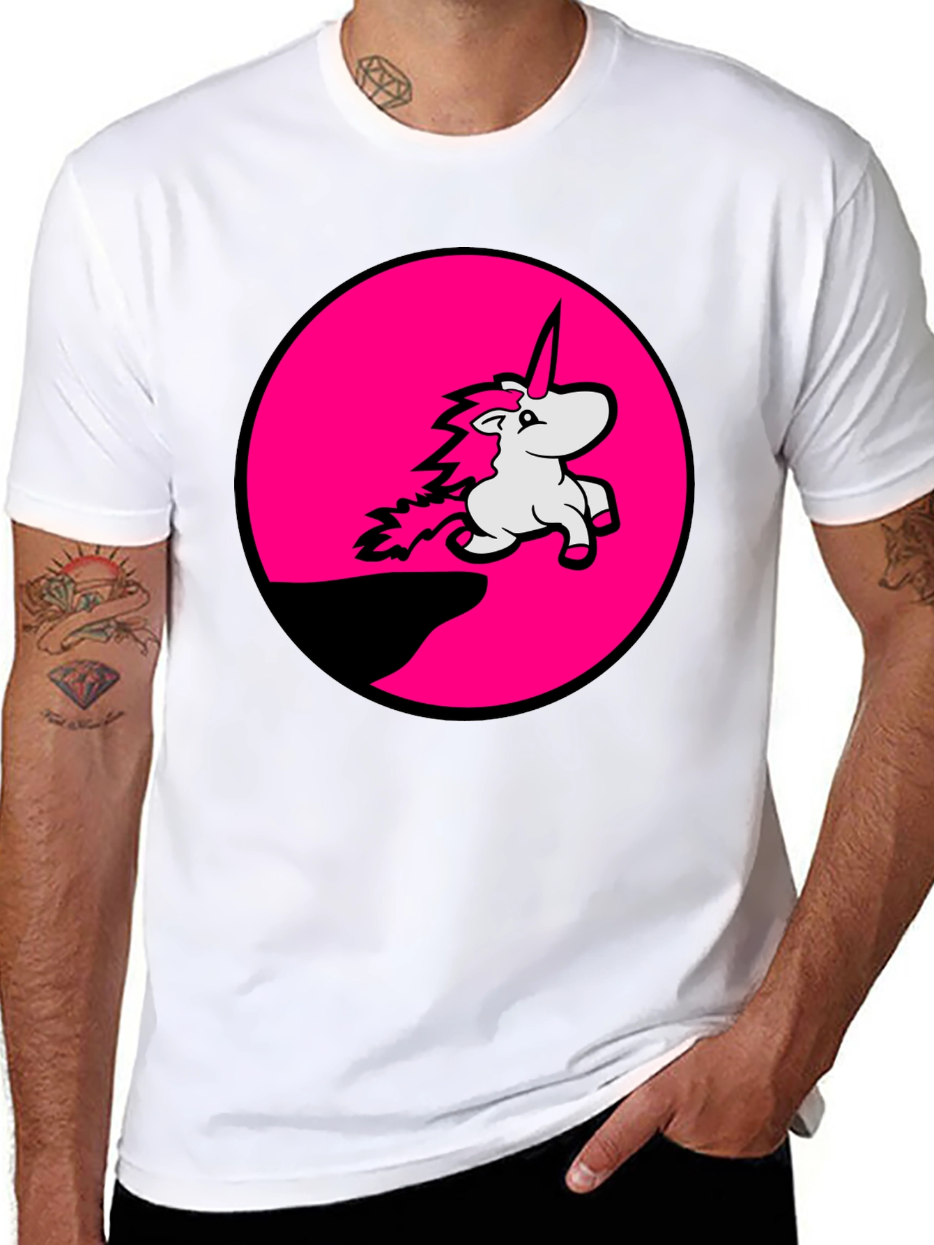 Unicorn Pink Circle Graphic Black T-Shirt