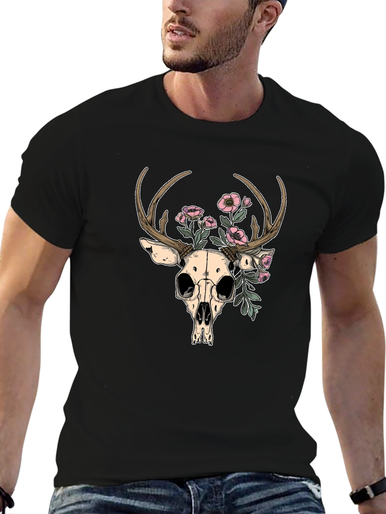Deer Skull Floral Graphic T-Shirt