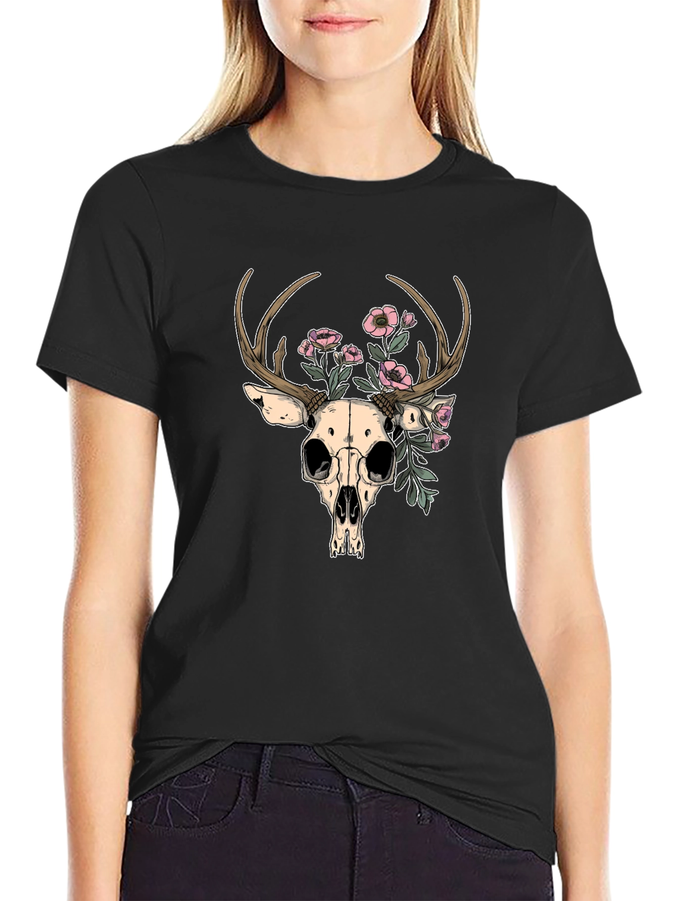 Deer Skull Floral Graphic T-Shirt