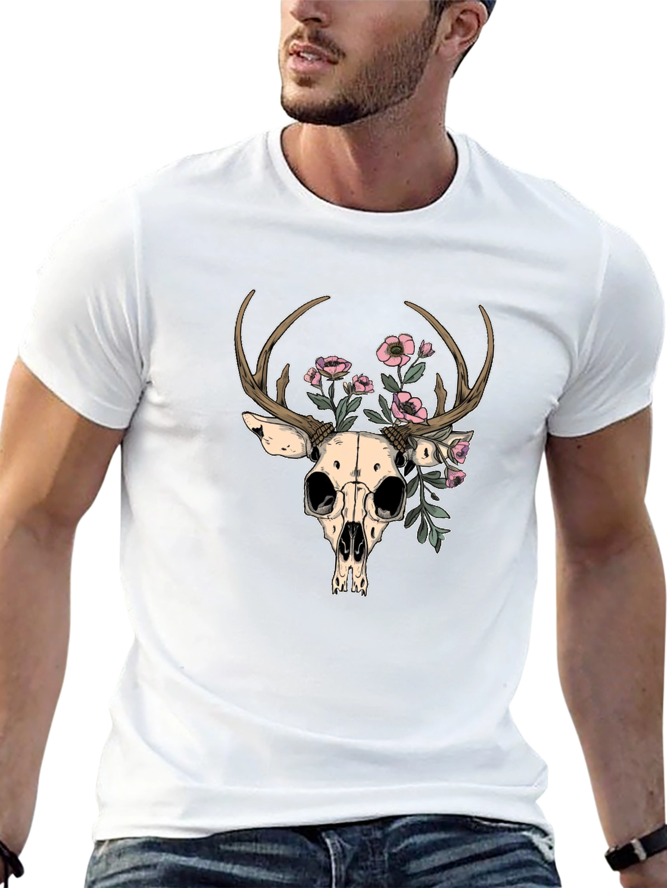 Deer Skull Floral Graphic T-Shirt