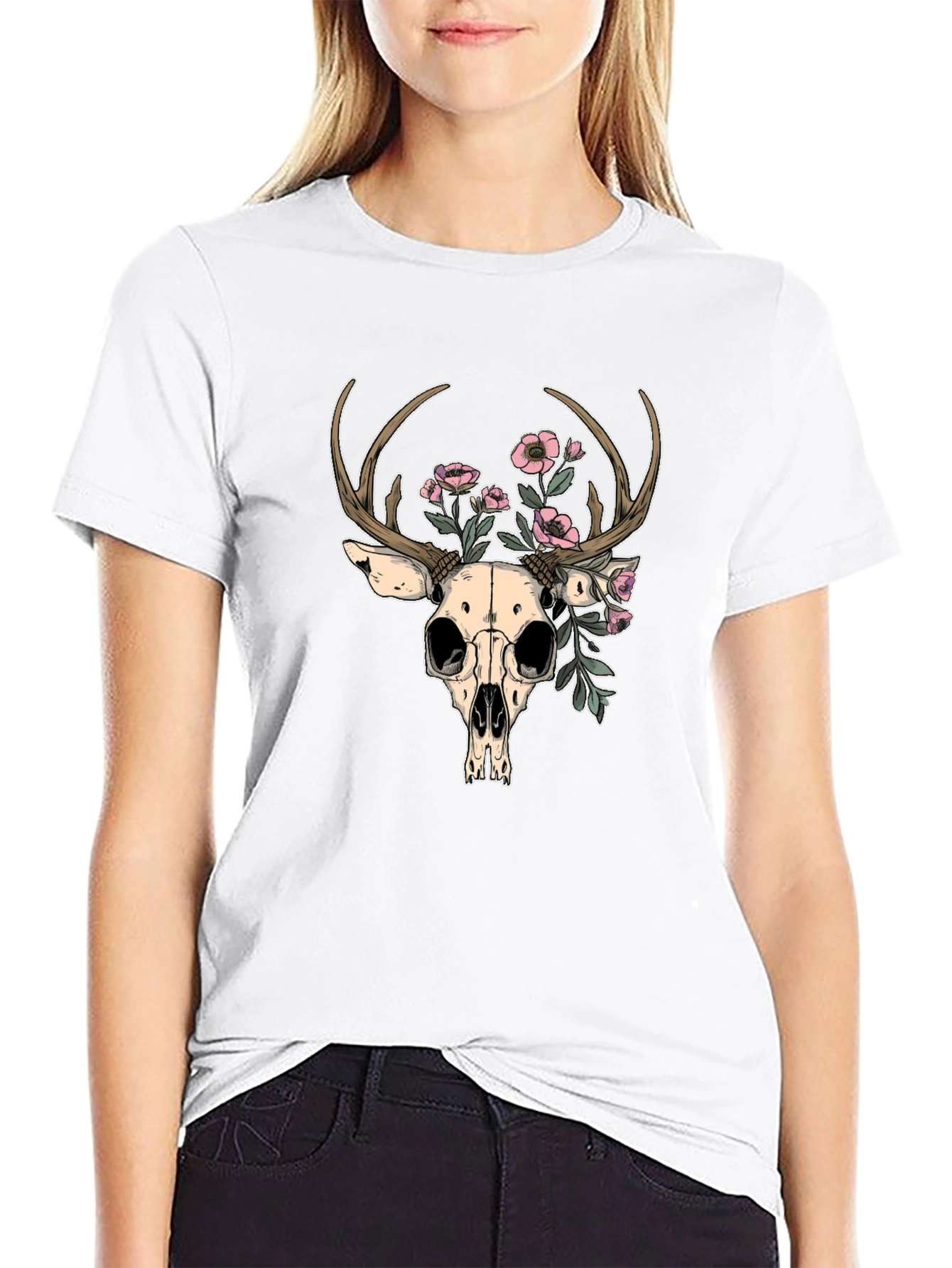Deer Skull Floral Graphic T-Shirt