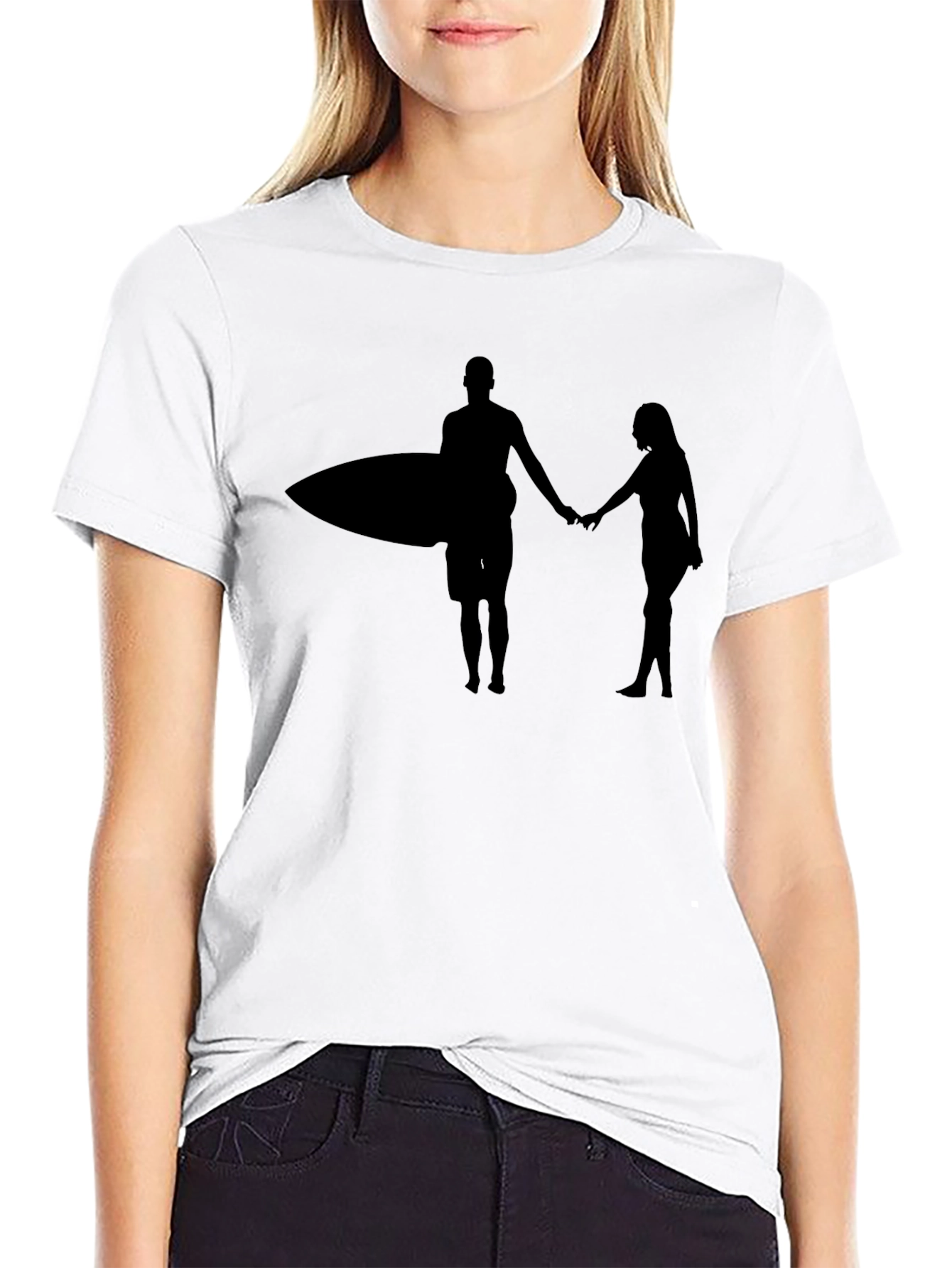Surfer Couple Silhouette Graphic Black T-Shirt