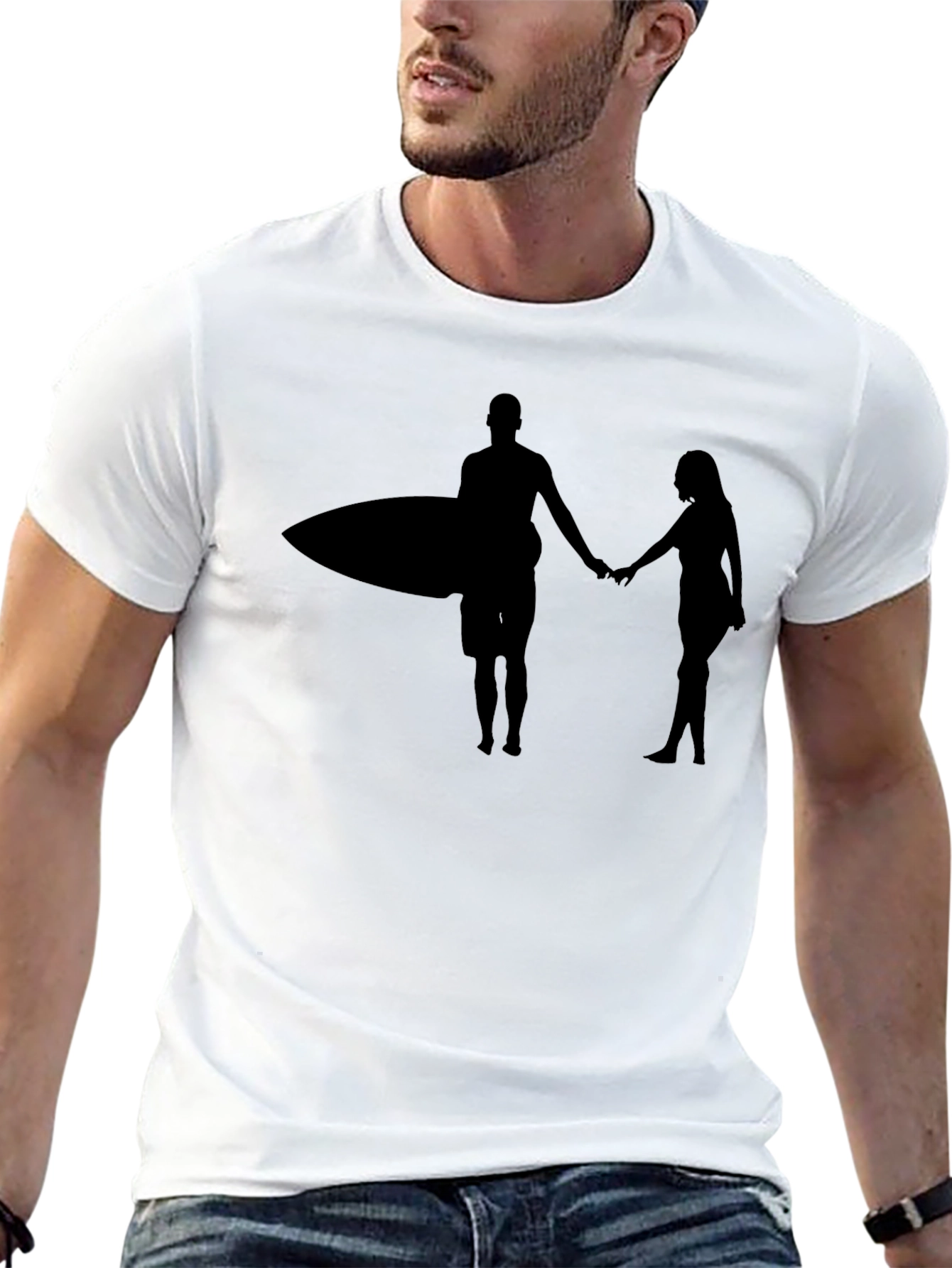 Surfer Couple Silhouette Graphic Black T-Shirt