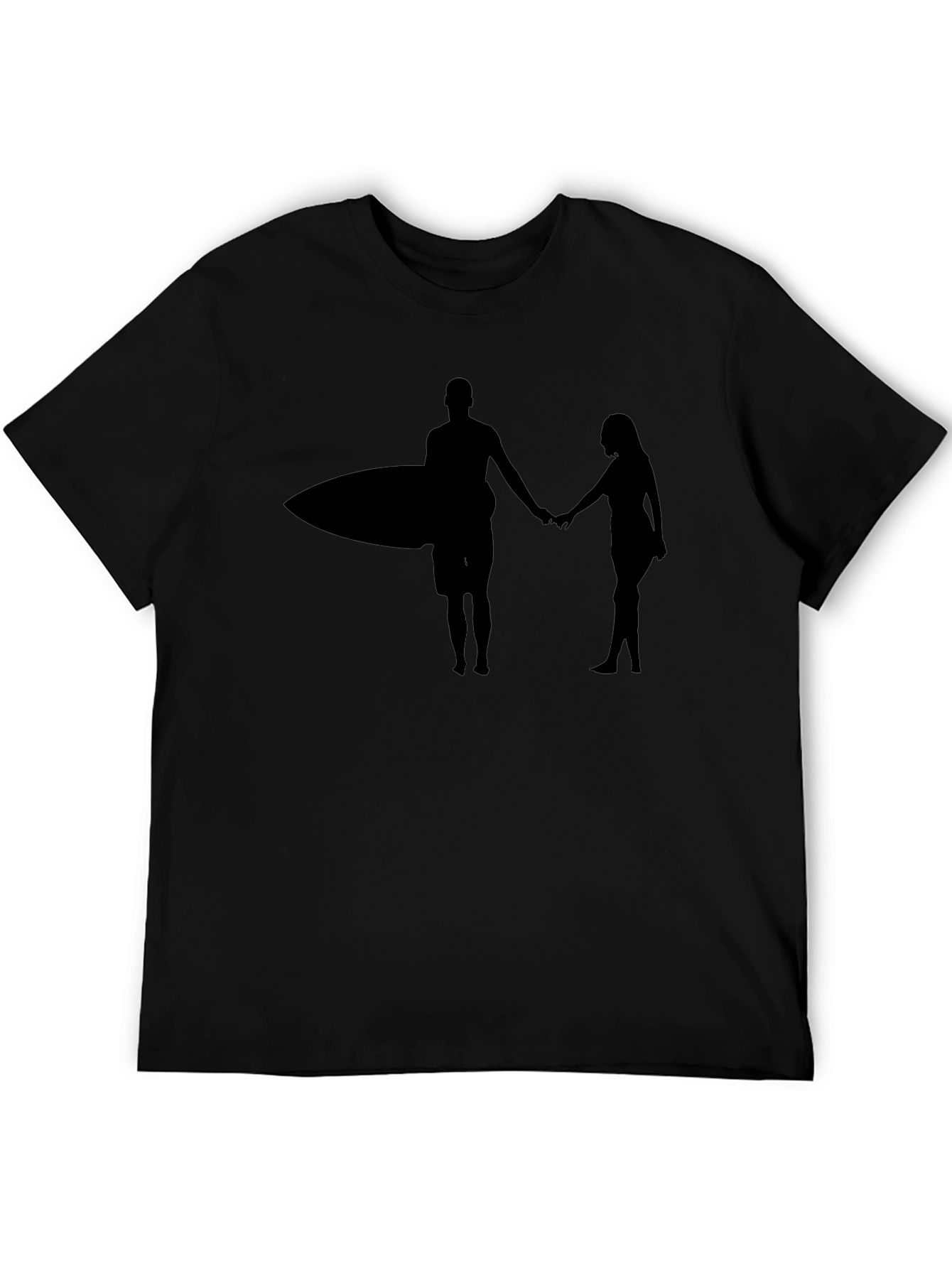 Surfer Couple Silhouette Graphic Black T-Shirt