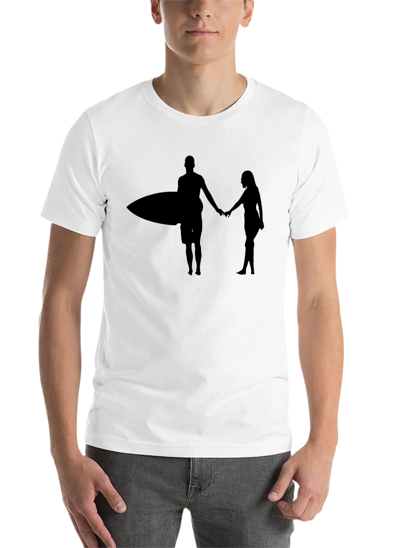 Surfer Couple Silhouette Graphic Black T-Shirt