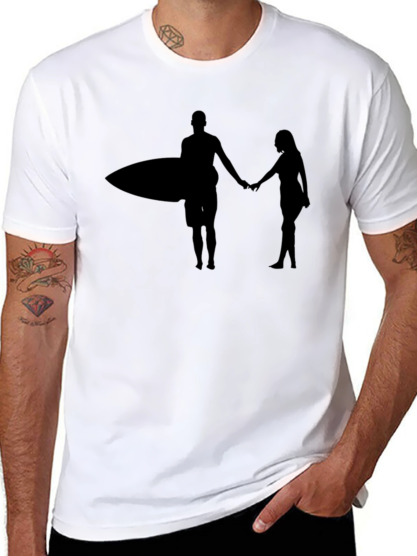 Surfer Couple Silhouette Graphic Black T-Shirt
