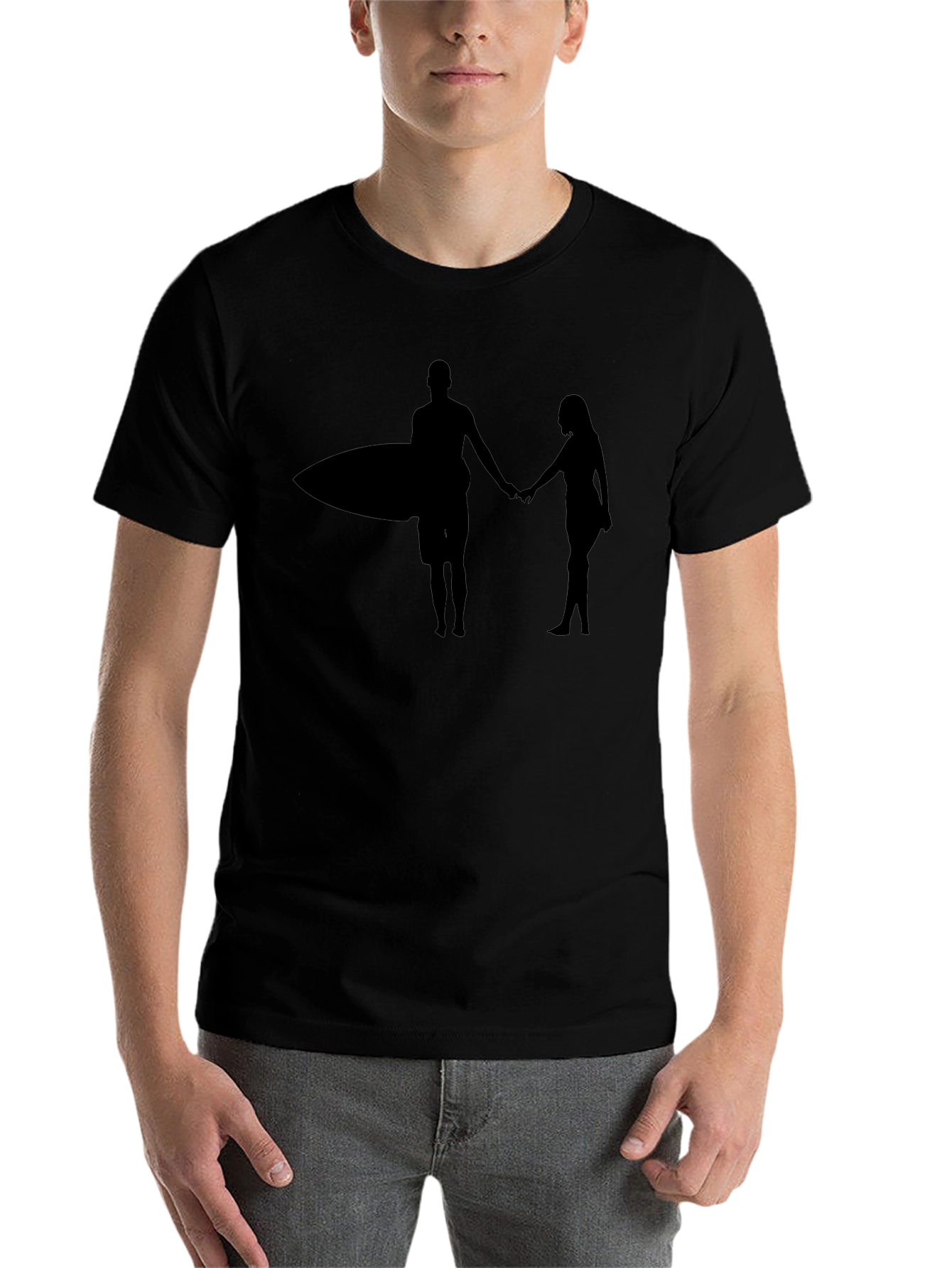 Surfer Couple Silhouette Graphic Black T-Shirt