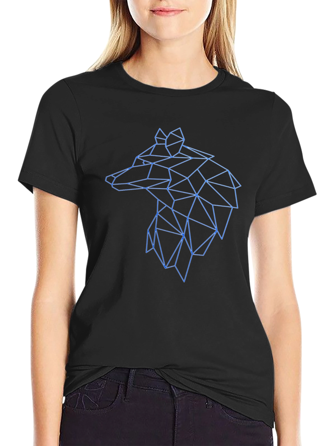Geometric Wolf Head Graphic Black Tee