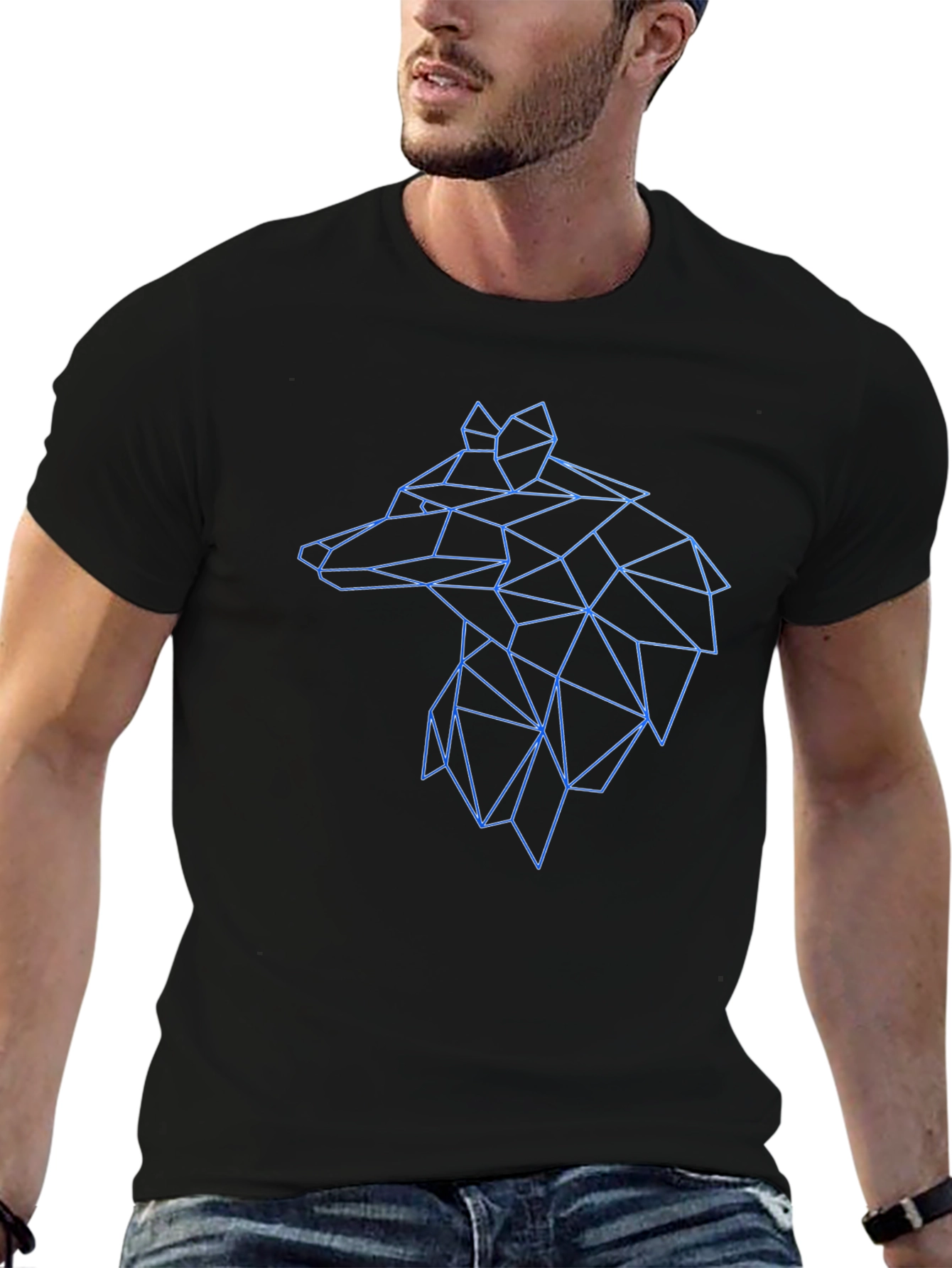 Geometric Wolf Head Graphic Black Tee