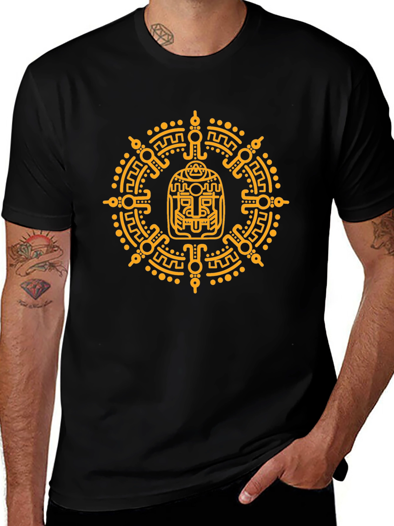Aztec Glyph Graphic Print T-Shirt - Black