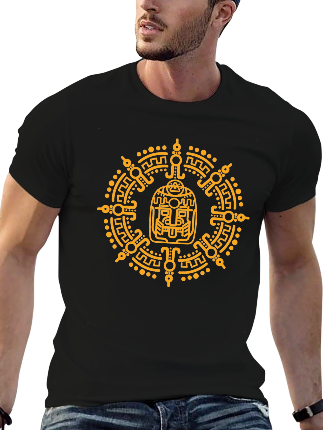 Aztec Glyph Graphic Print T-Shirt - Black