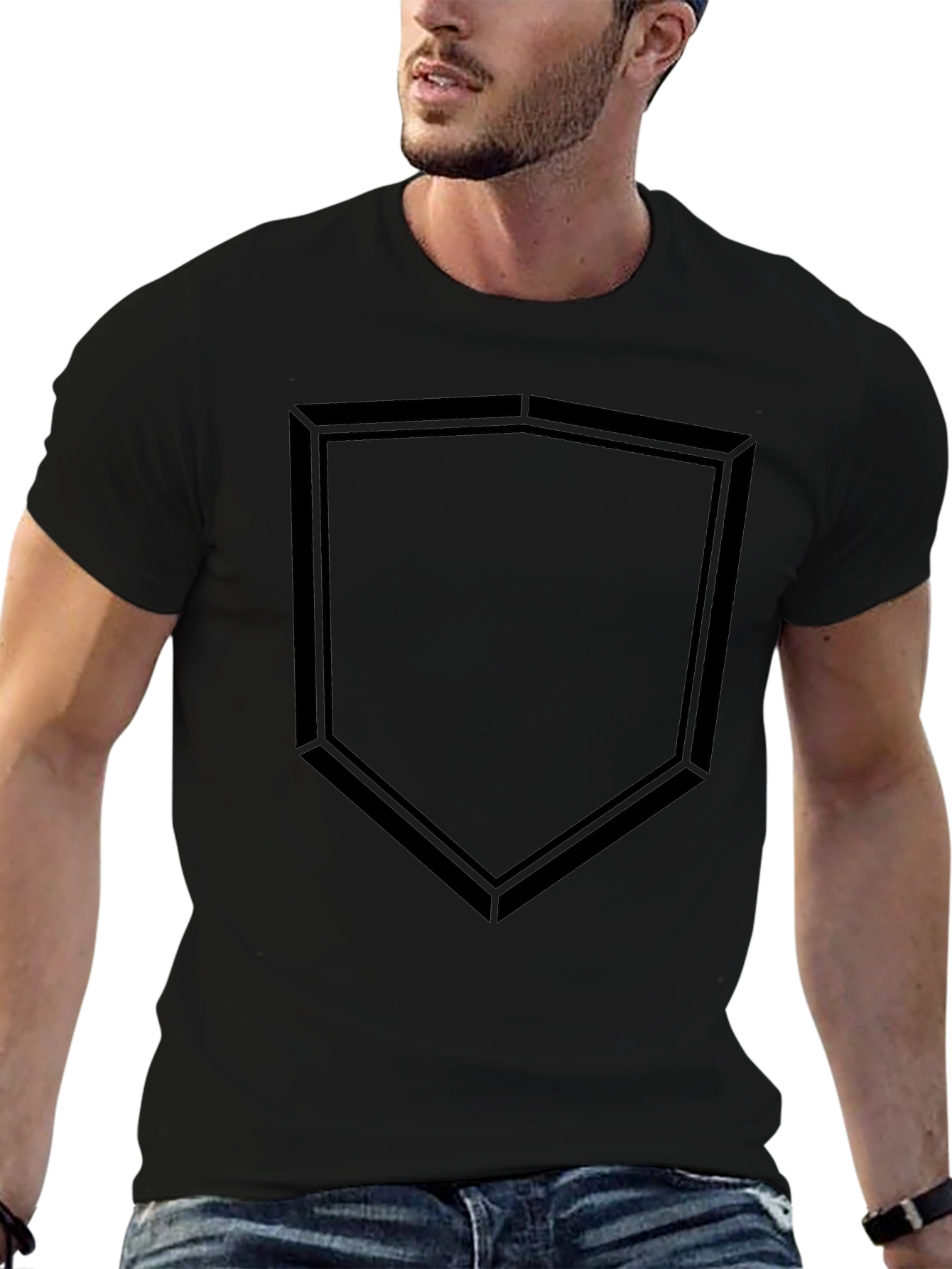 Minimalist Black T-Shirt with Geometric Shield Design