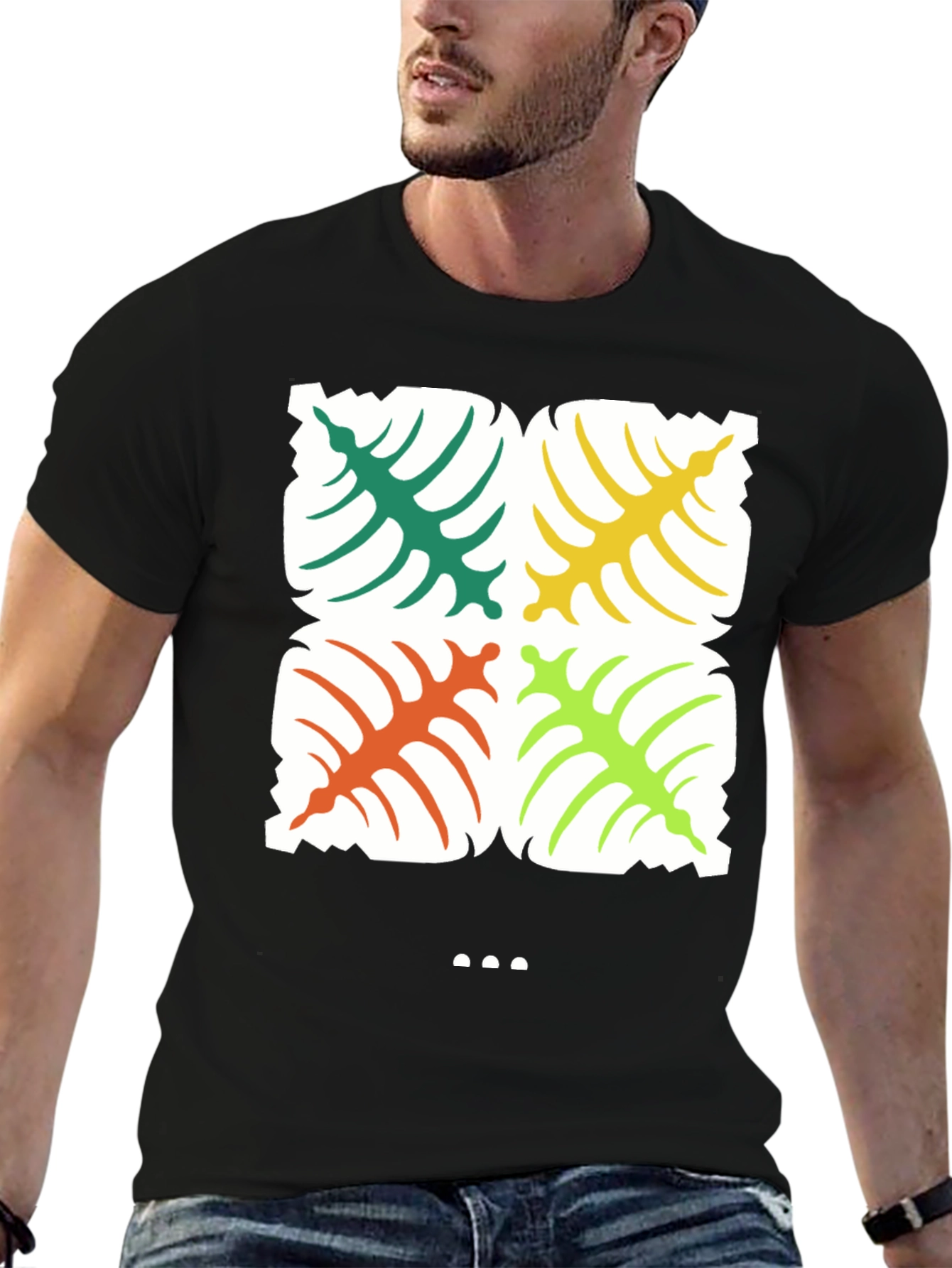 Tropical Leaf Print Black T-Shirt