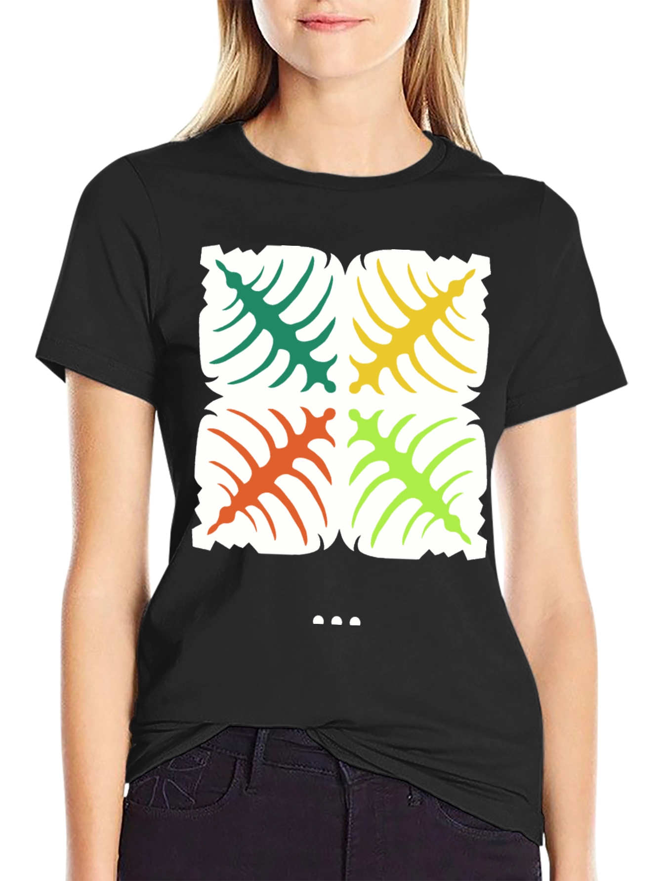 Tropical Leaf Print Black T-Shirt