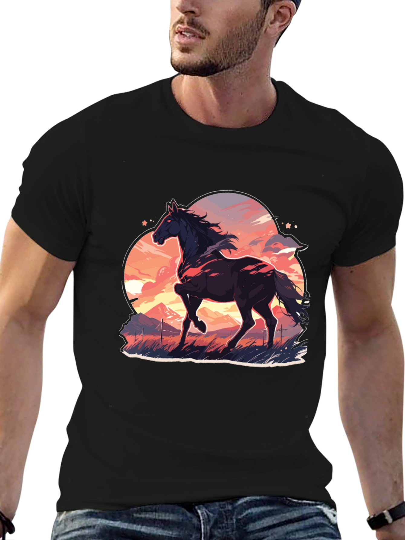 Horse Graphic Tee - Stylish Mens Black T-Shirt