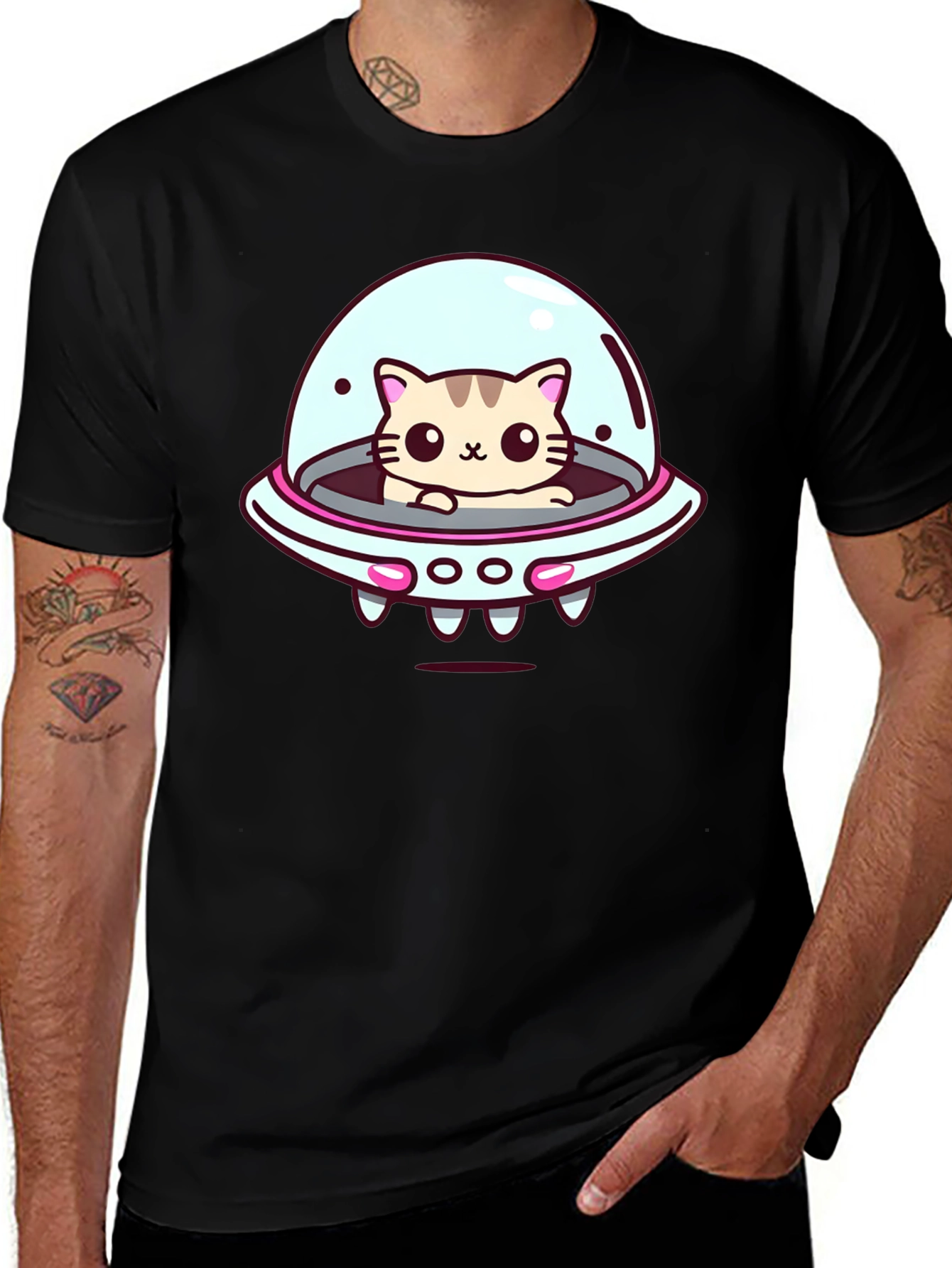 Cute Cat UFO Graphic T-Shirt - Black Cotton Tee