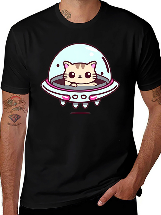 Cute Cat UFO Graphic T-Shirt - Black Cotton Tee