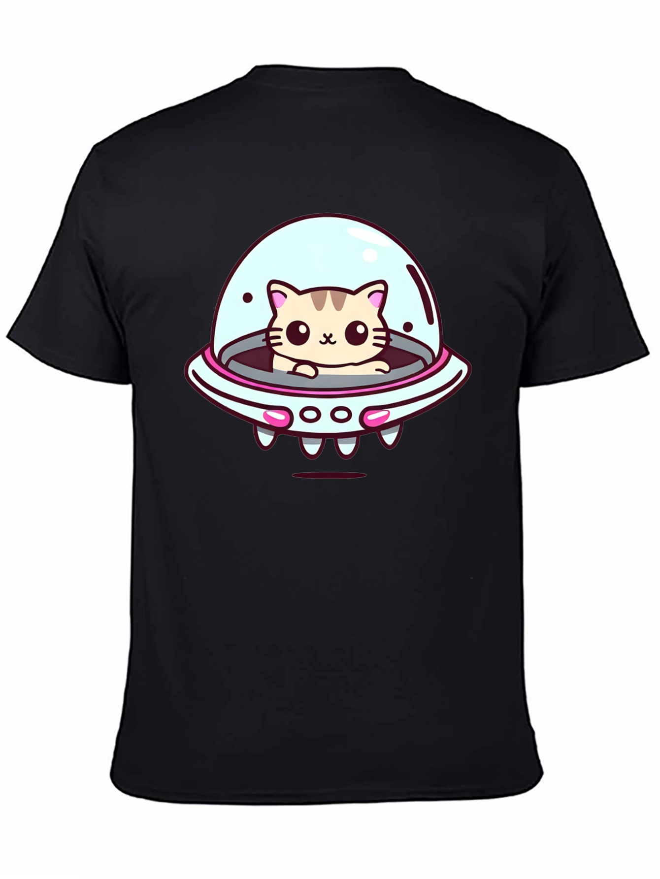 Cute Cat UFO Graphic T-Shirt - Black Cotton Tee