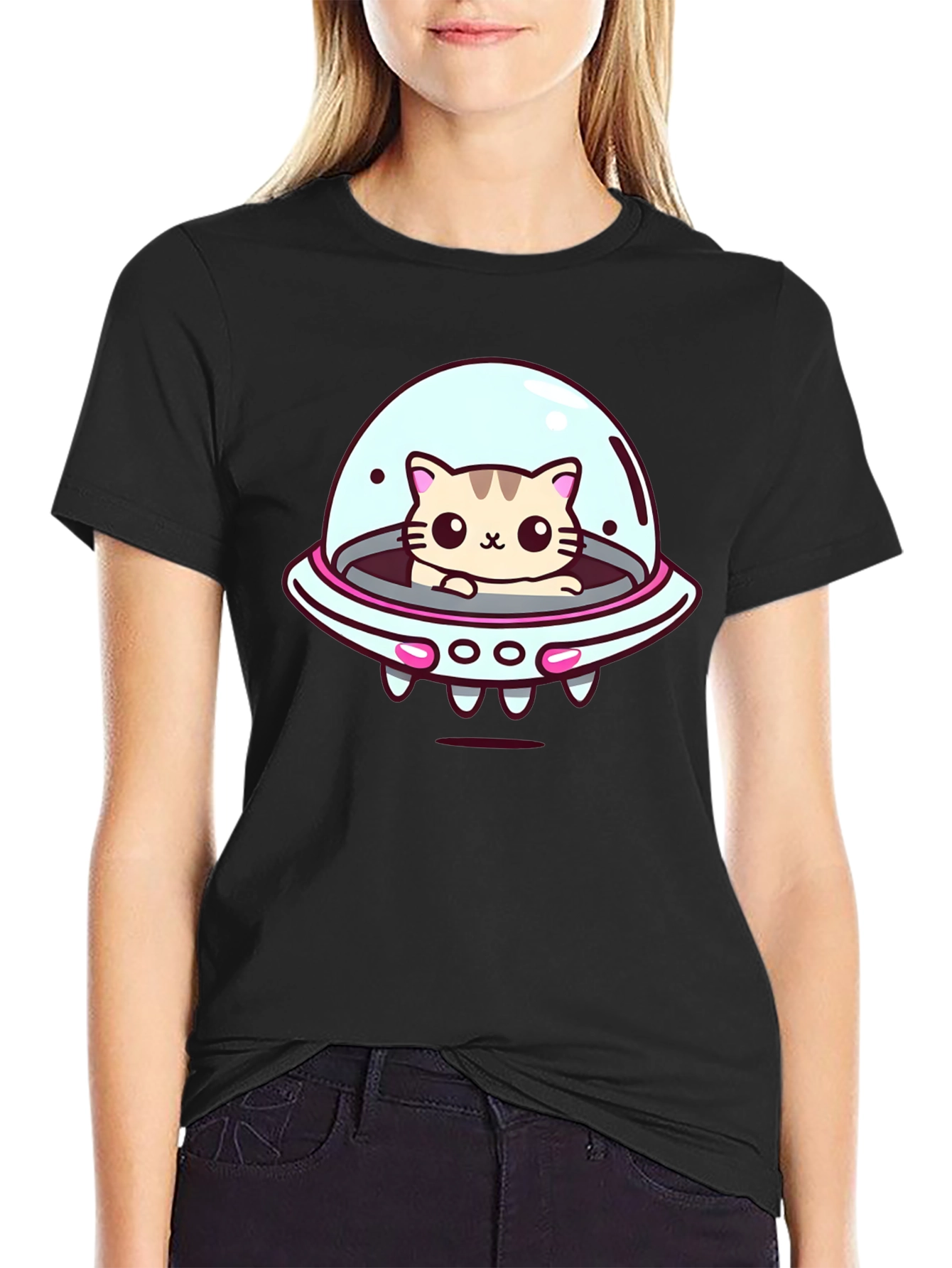 Cute Cat UFO Graphic T-Shirt - Black Cotton Tee