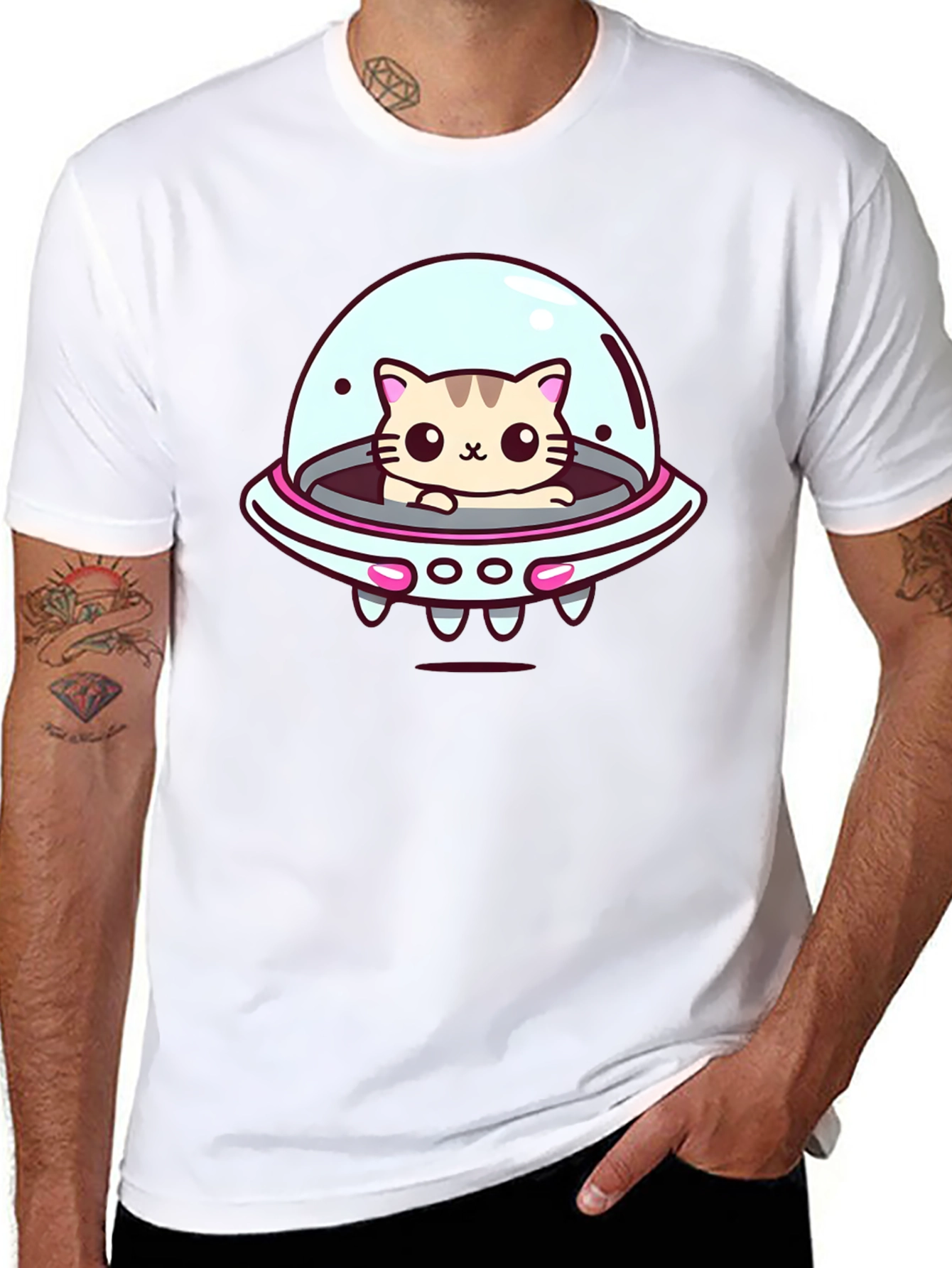 Cute Cat UFO Graphic T-Shirt - Black Cotton Tee