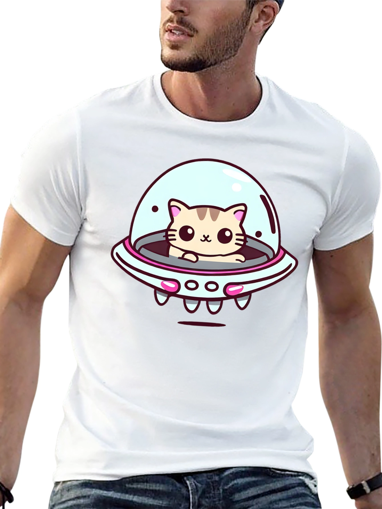 Cute Cat UFO Graphic T-Shirt - Black Cotton Tee