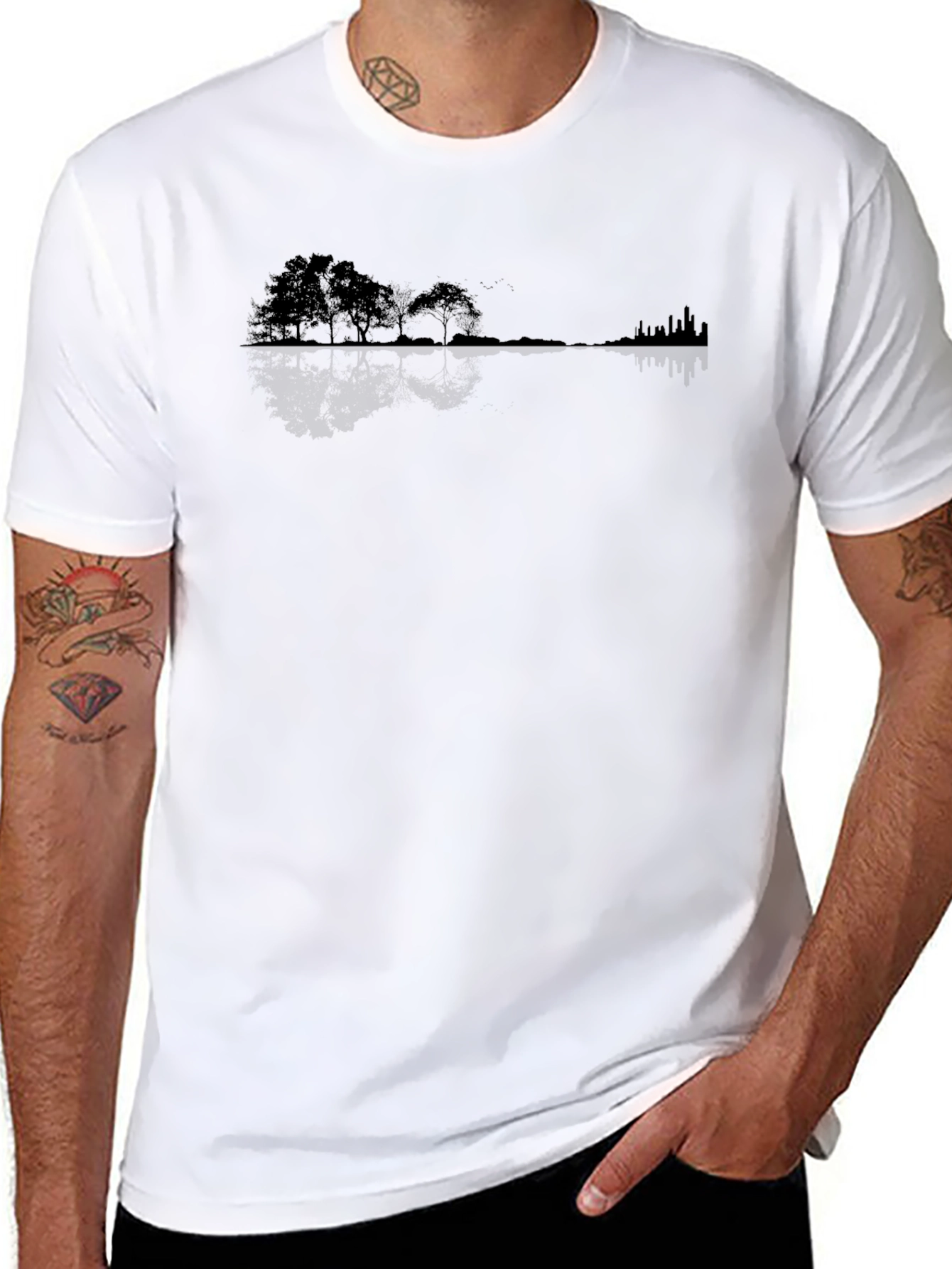 Nature Meets City Tee - Black Silhouette Design