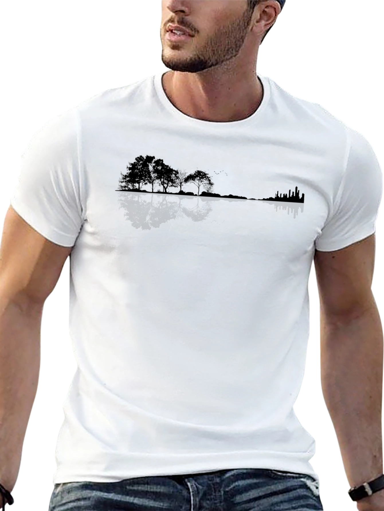 Nature Meets City Tee - Black Silhouette Design