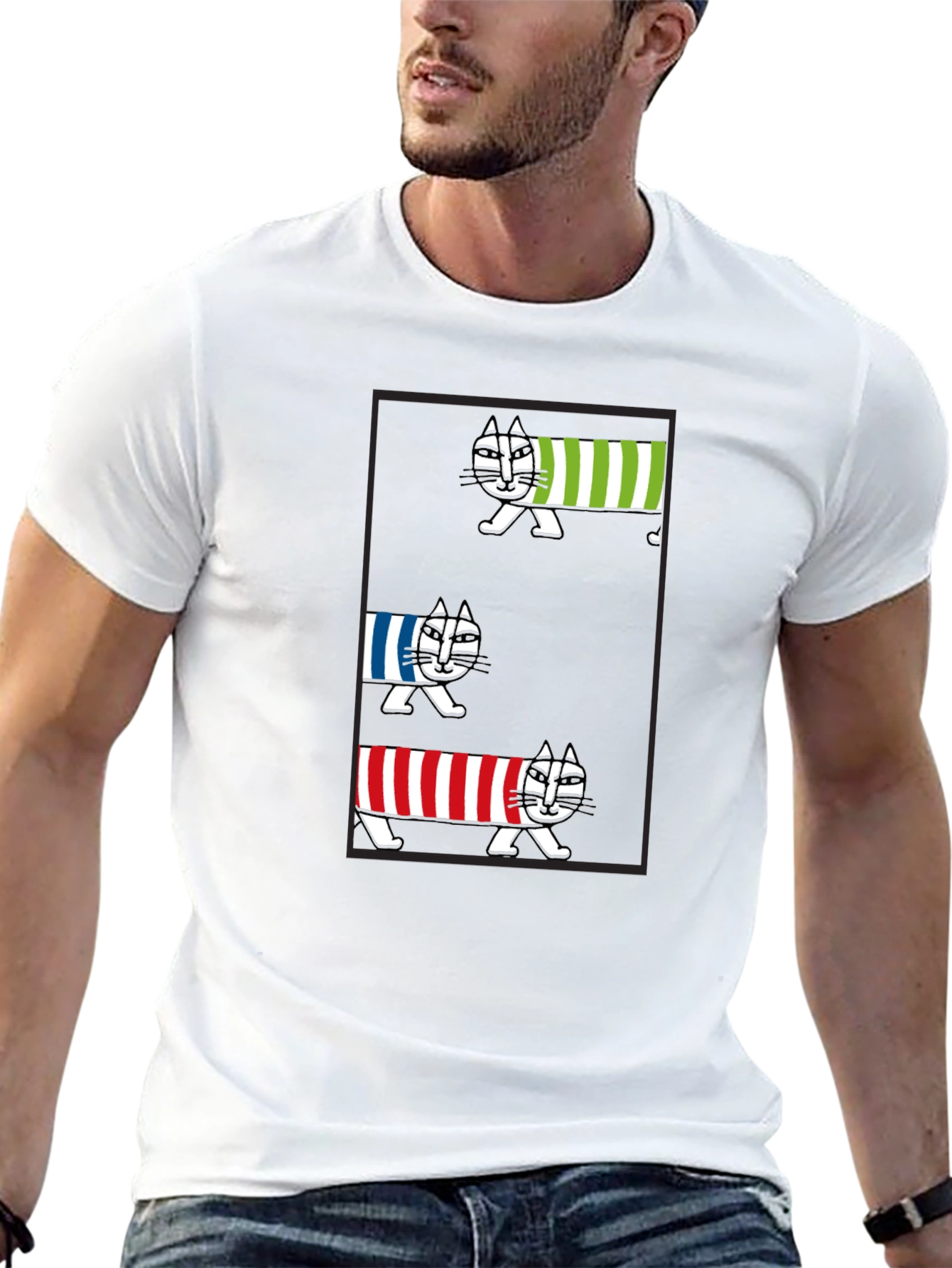 Striped Cat Graphic T-Shirt - Whimsical Tee