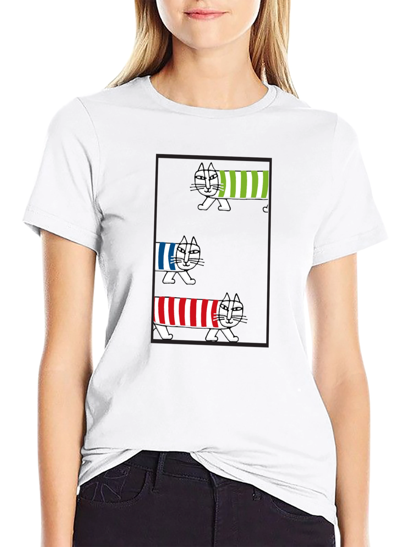 Striped Cat Graphic T-Shirt - Whimsical Tee