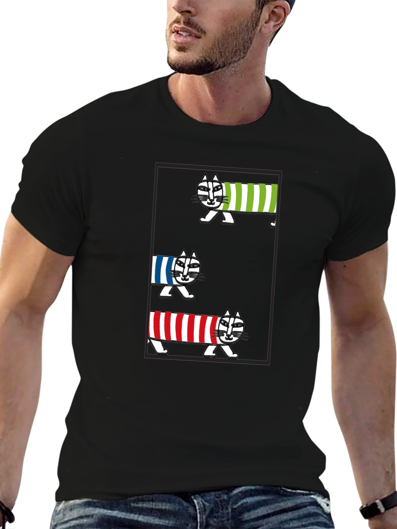 Striped Cat Graphic T-Shirt - Whimsical Tee