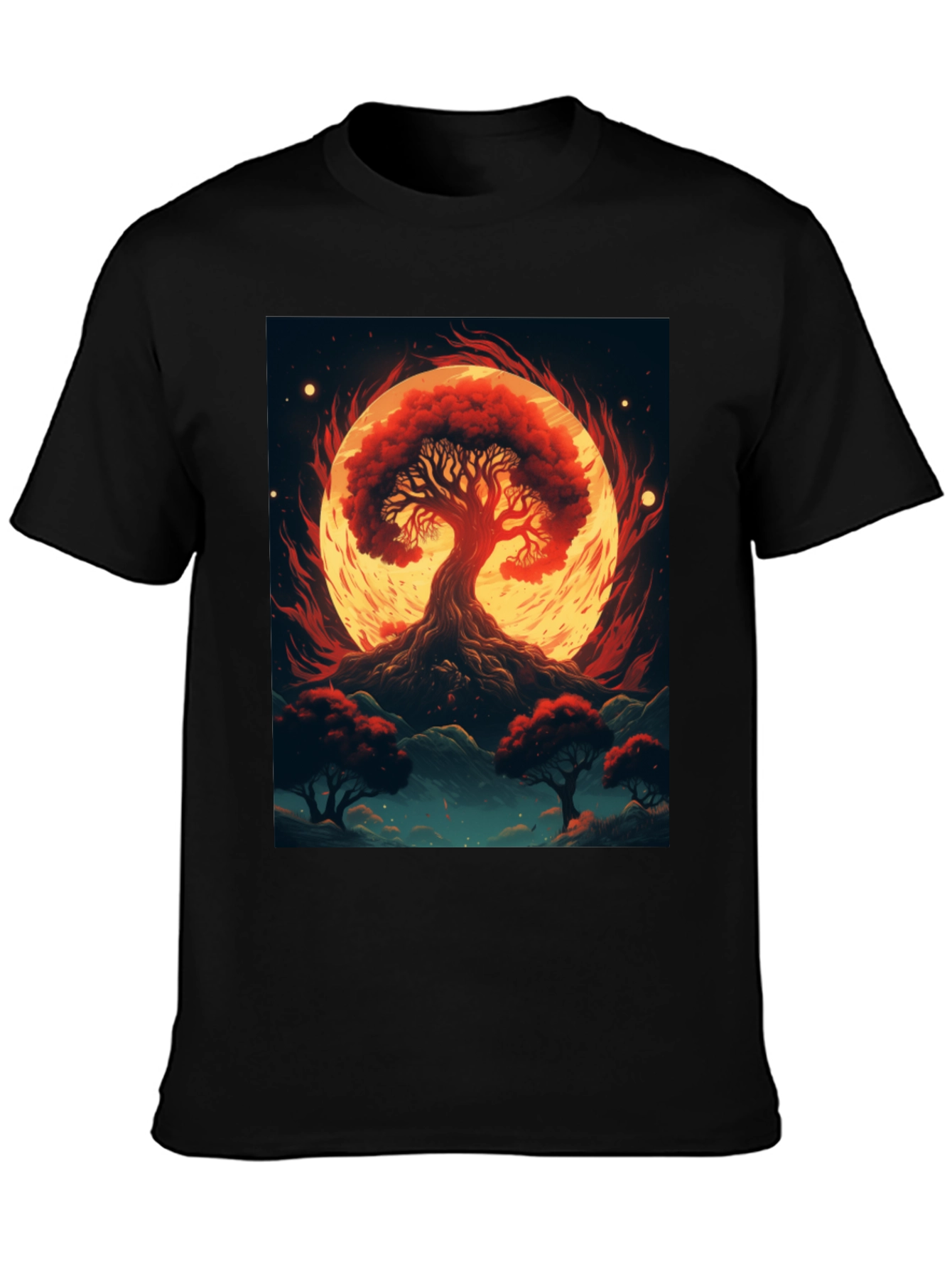 Red Tree Graphic Tee - Artistic Black T-Shirt