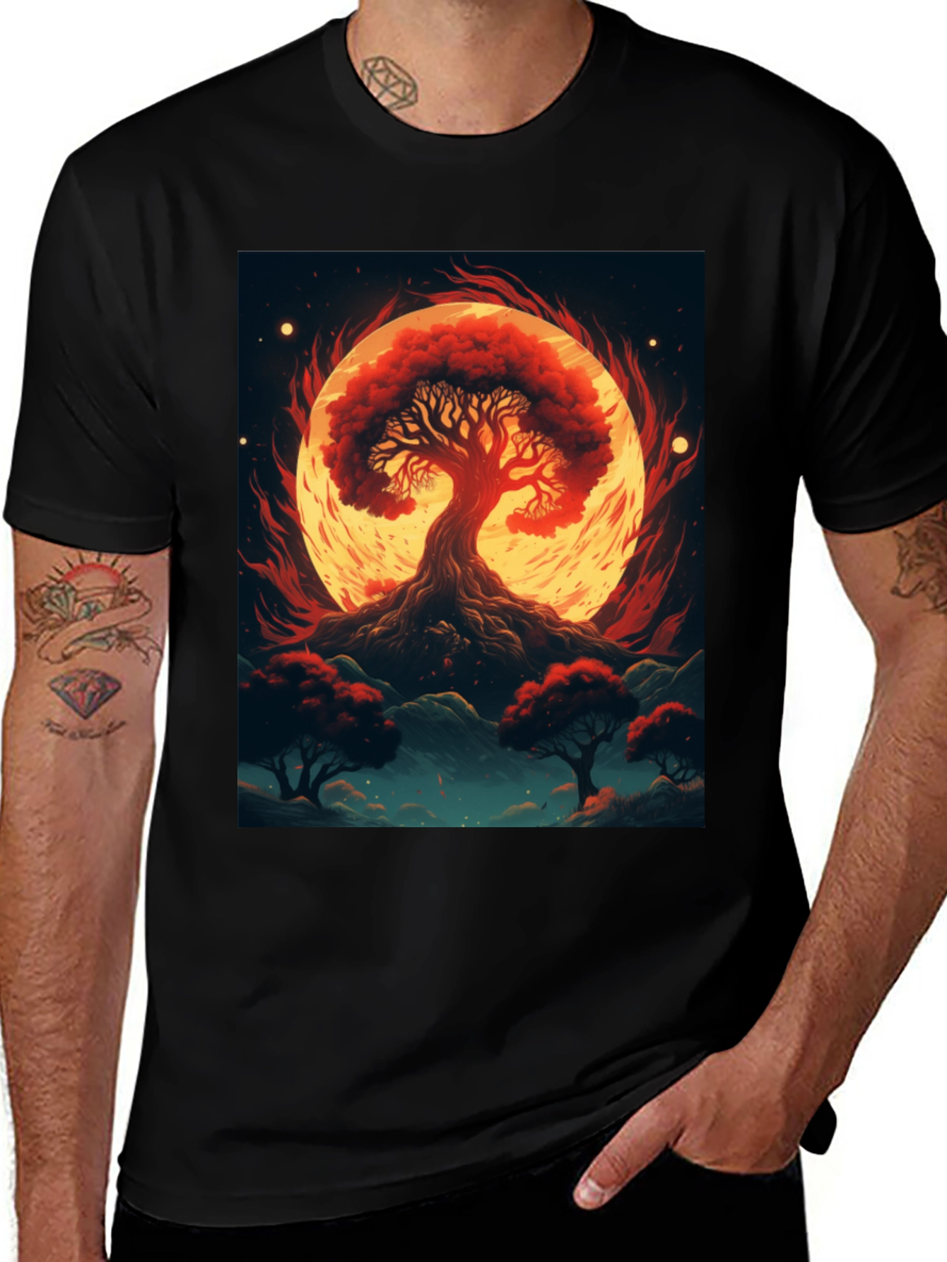 Red Tree Graphic Tee - Artistic Black T-Shirt