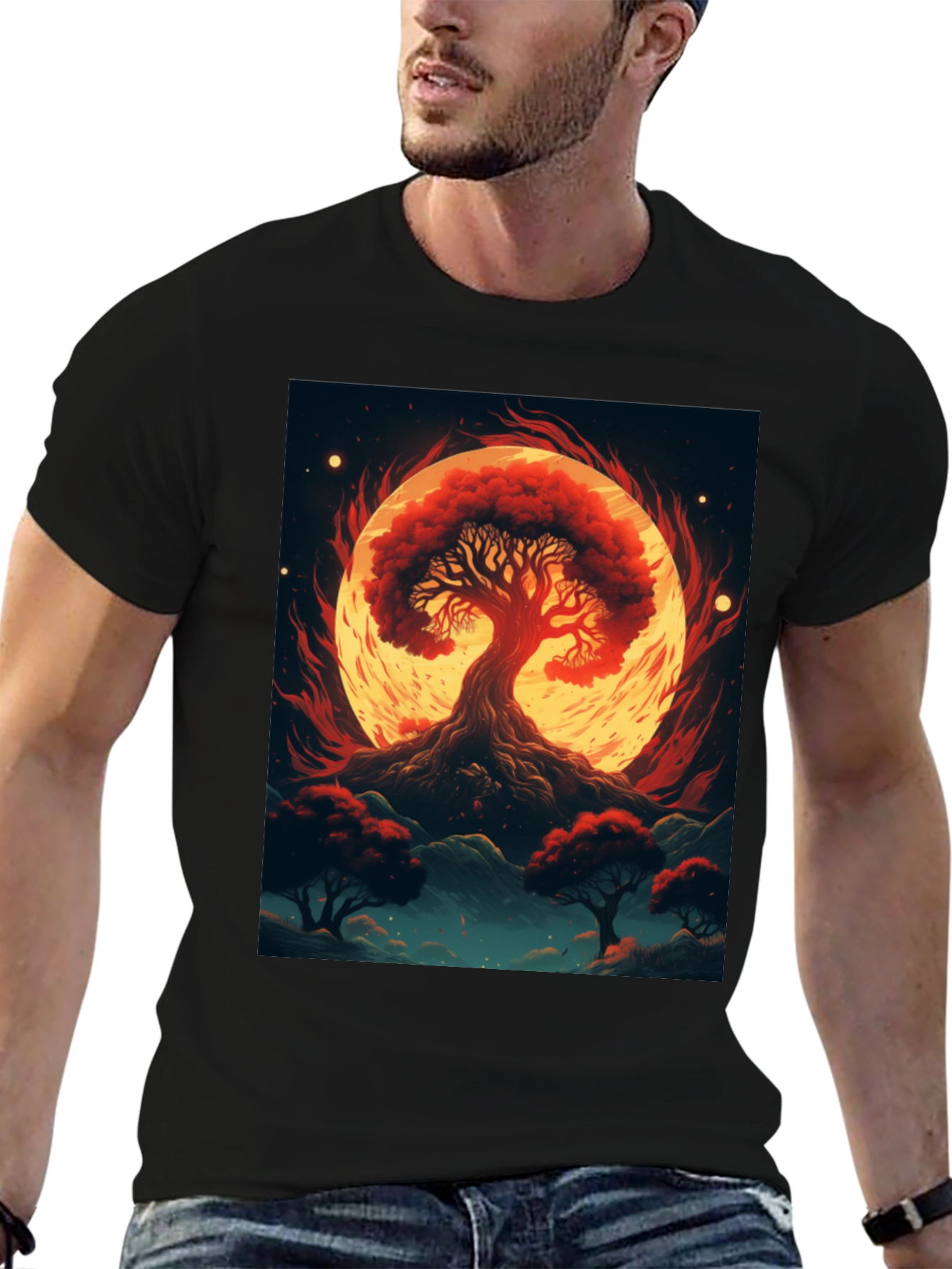 Red Tree Graphic Tee - Artistic Black T-Shirt