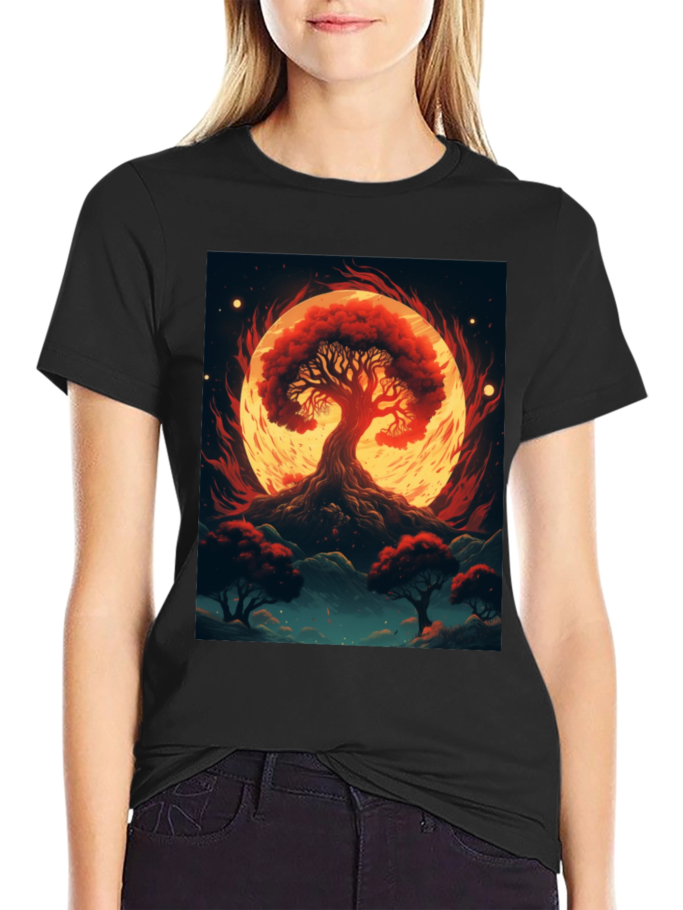 Red Tree Graphic Tee - Artistic Black T-Shirt