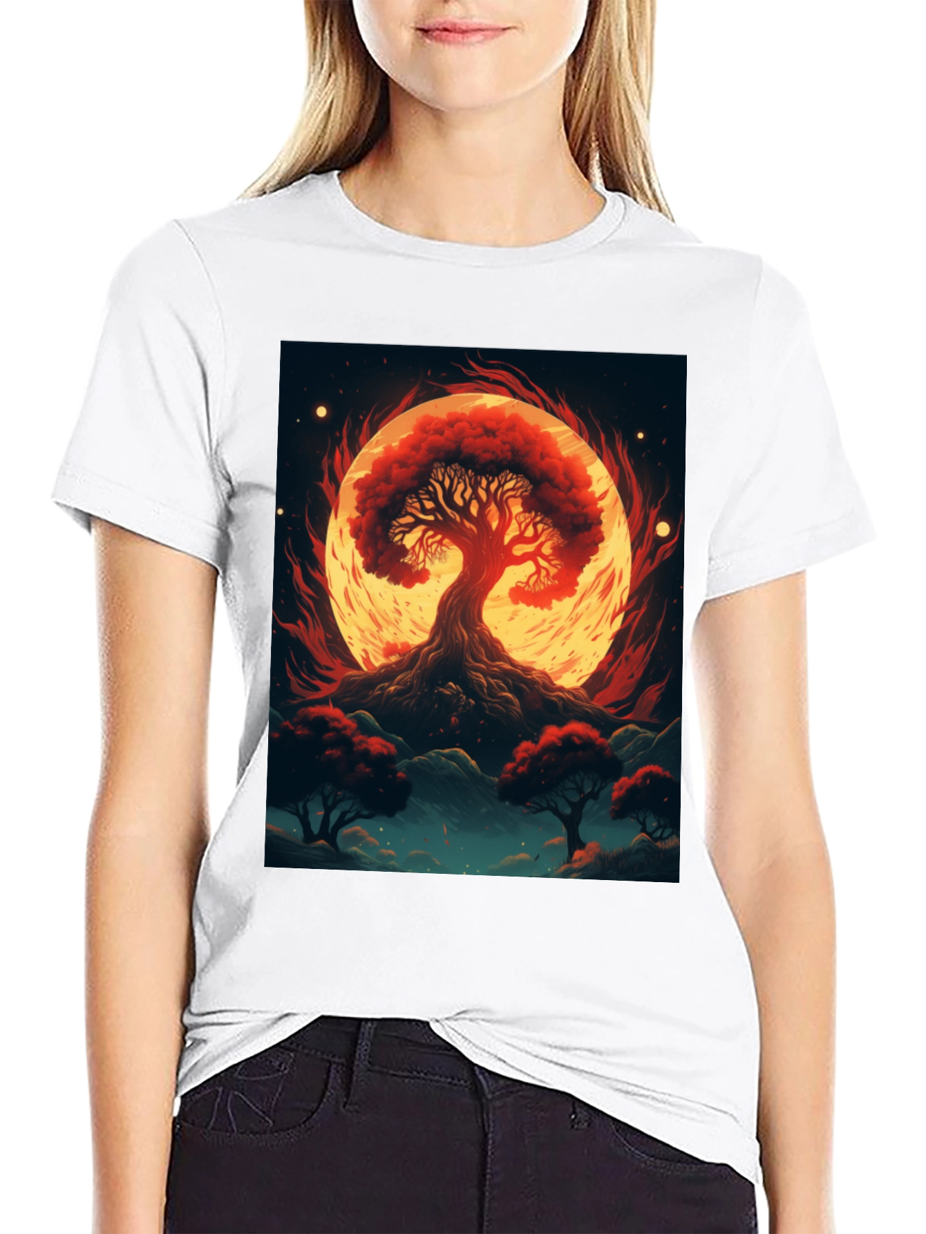 Red Tree Graphic Tee - Artistic Black T-Shirt