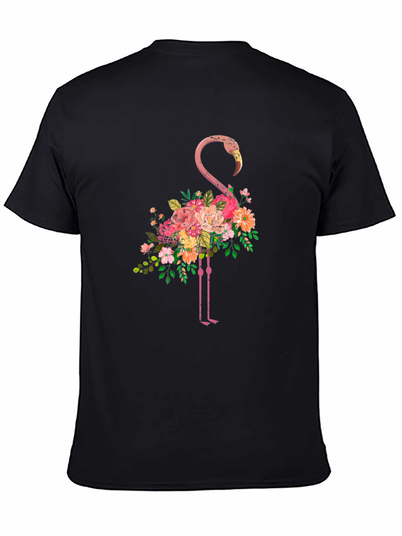 Floral Flamingo Graphic Tee - Black Cotton T-Shirt