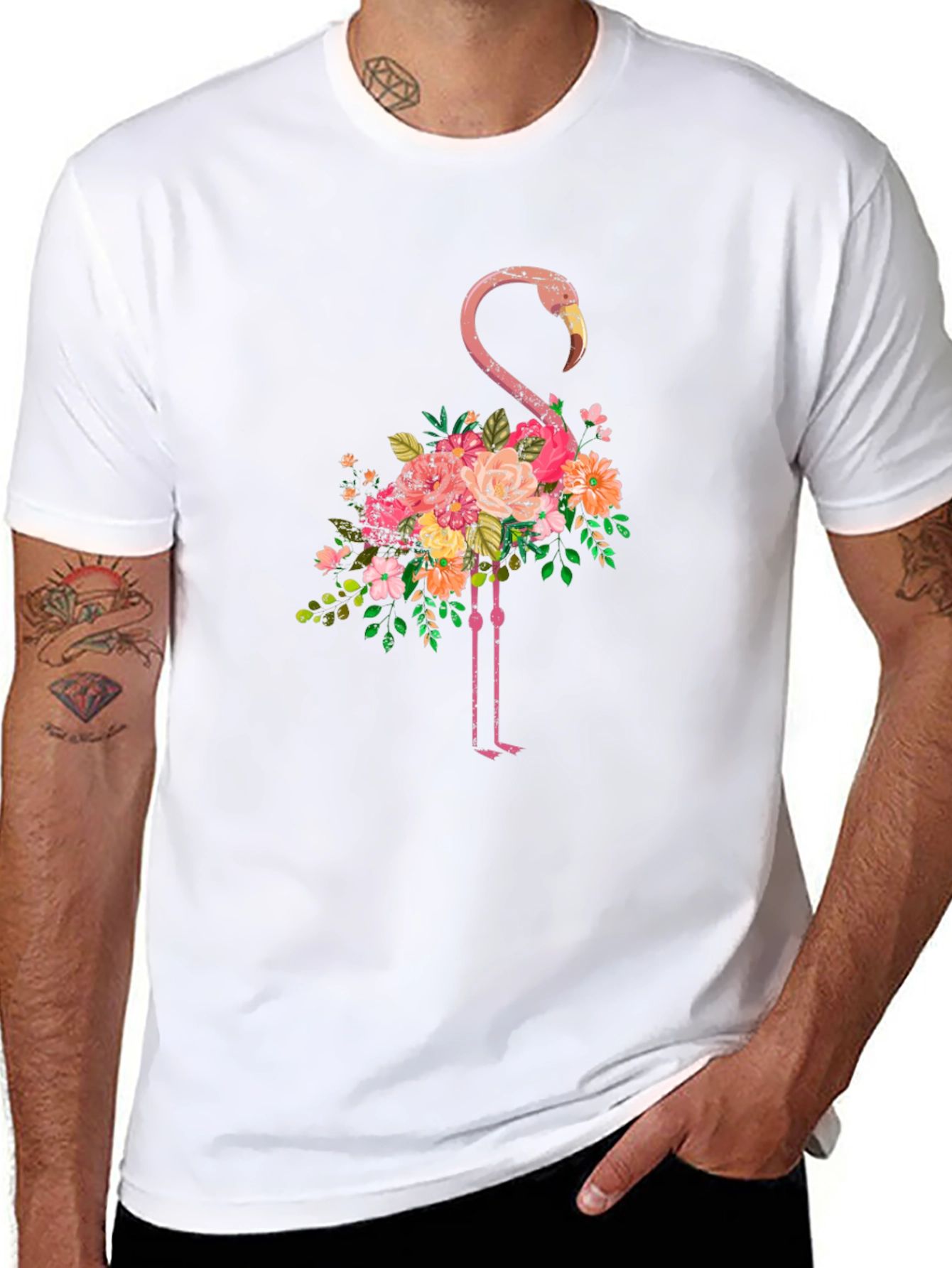 Floral Flamingo Graphic Tee - Black Cotton T-Shirt